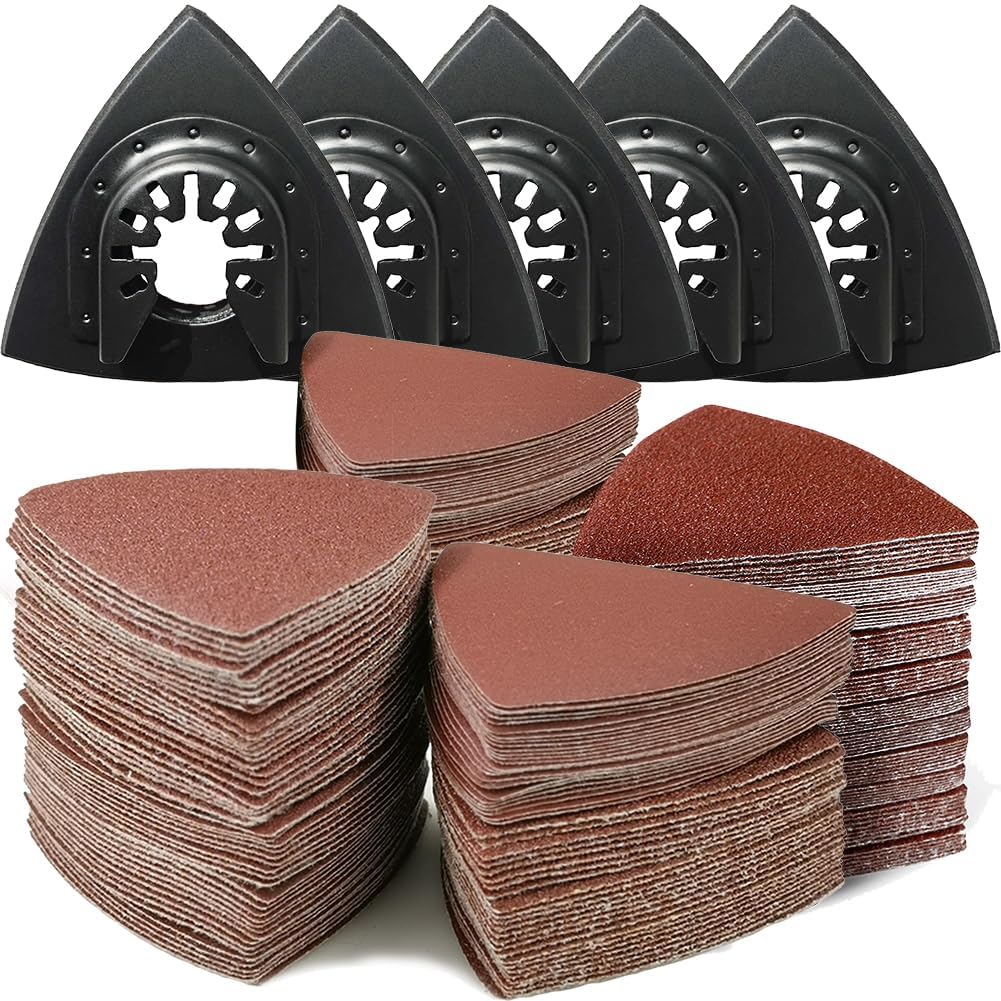 130Pcs Oscillating Tool Sanding Kit with 5 Triangle Pads & 125 Sandpaper Sheets - 60/80/120/180/240 Grits Hook & Loop for Wood, Plaster, Metal & DIY Projects - Perfect for Home Renovation, Furniture Refinishing & Surface Polishing