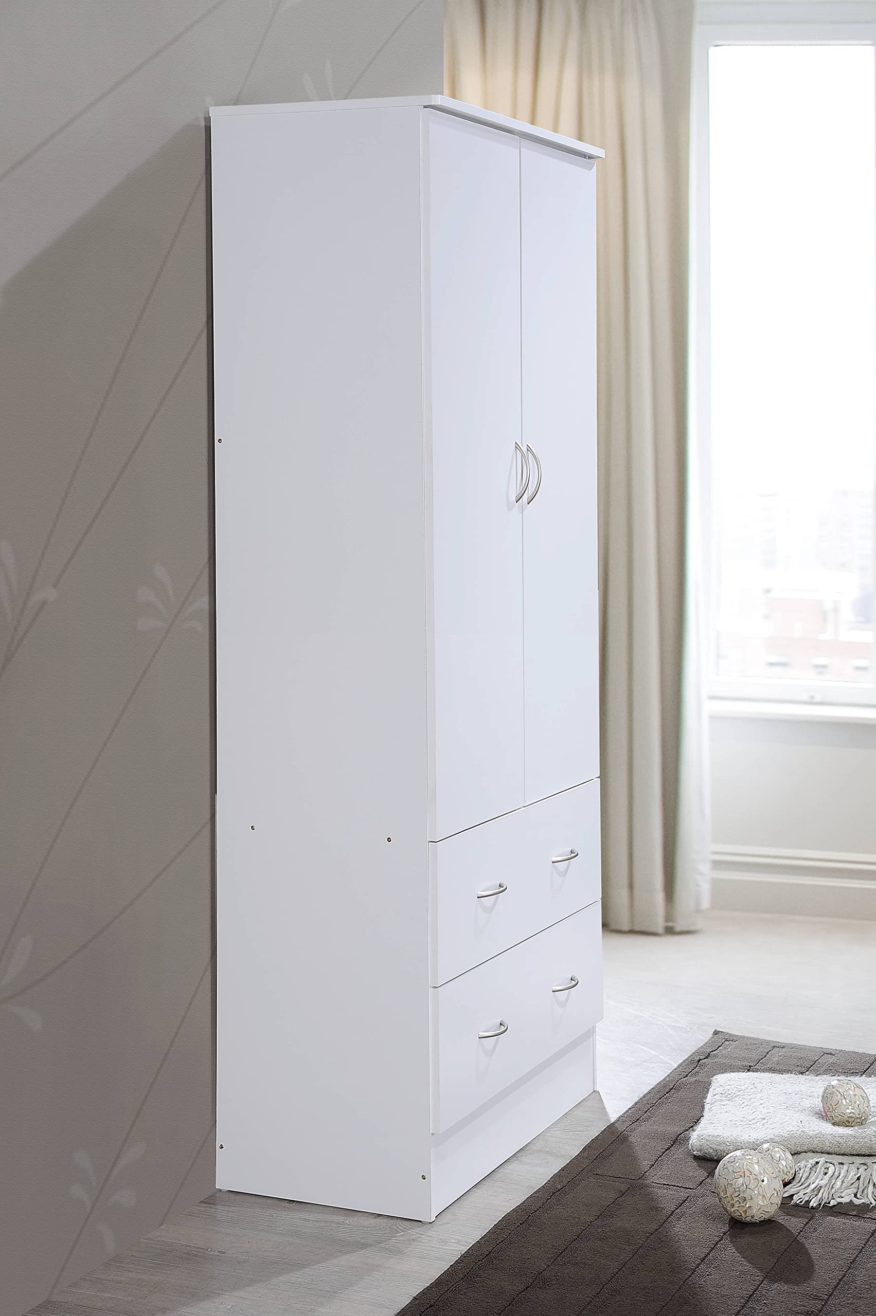 HODEDAH 2 Door Wood Wardrobe Closet with Hanging Rod & 2 Storage Drawers - White | Freestanding Bedroom Cabinet for Clothes Organization & Home Storage