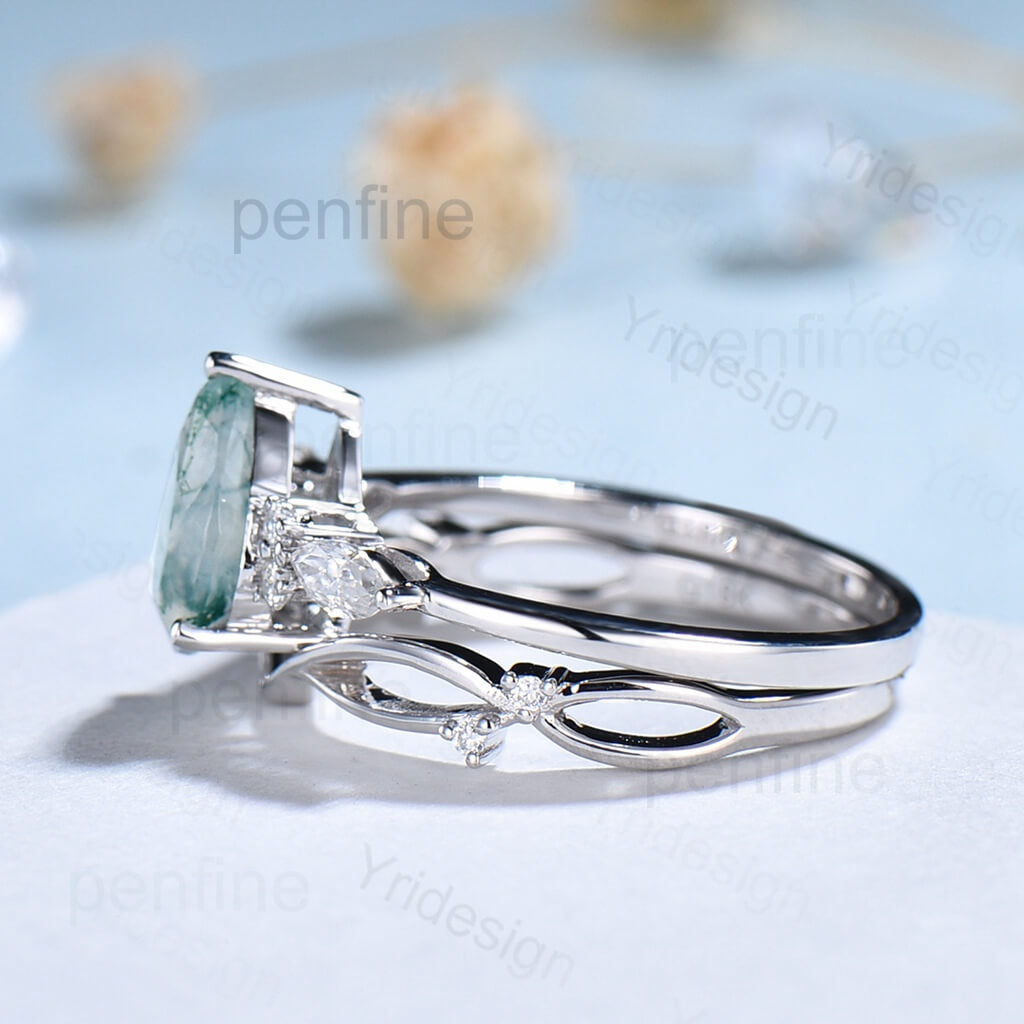 Exquisite Pear-Shaped Moss Agate Engagement Ring Set in White Gold – Perfect for Proposals, Weddings & Anniversary Gifts