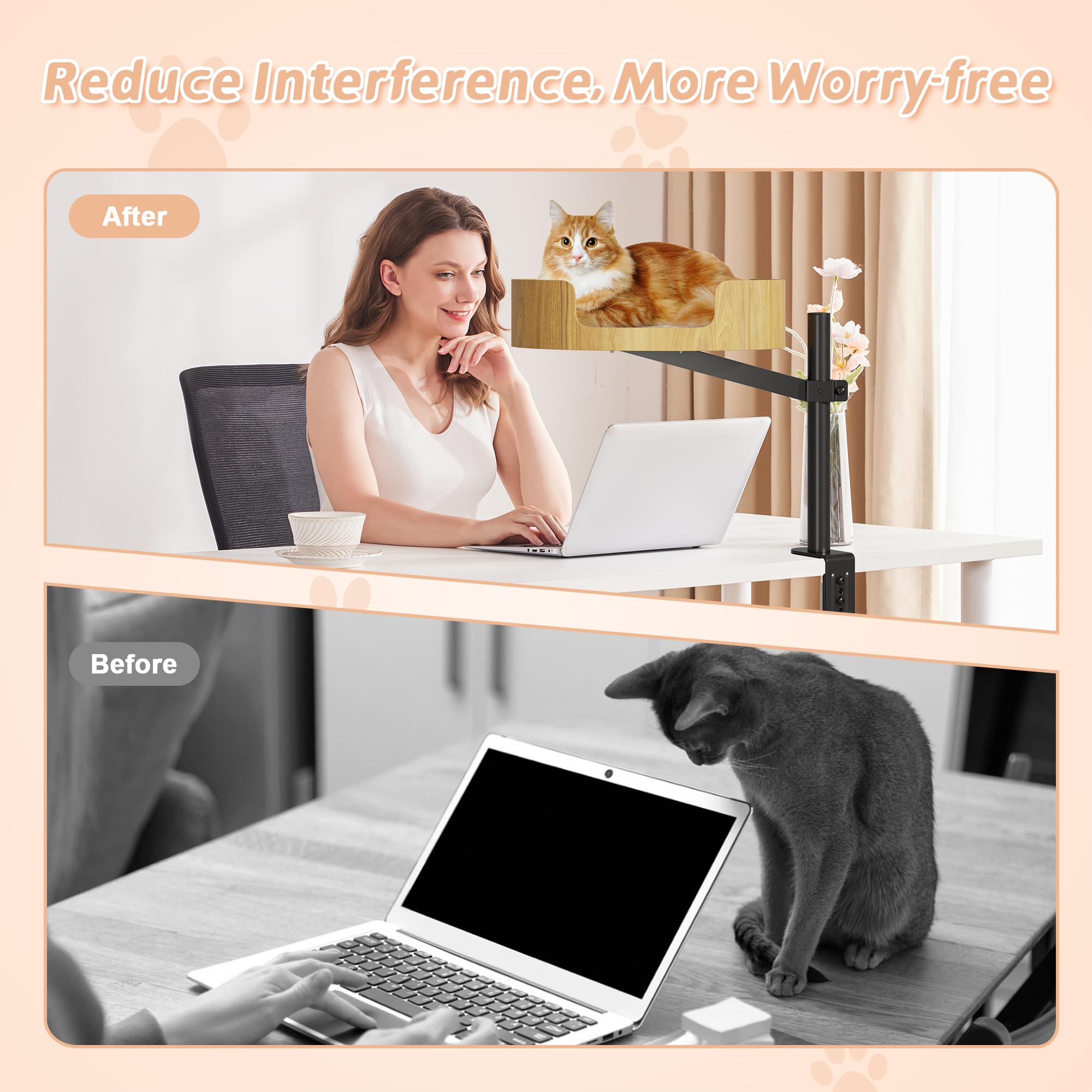 Premium Adjustable Height & 360° Rotating Wooden Cat Bed for Indoor Cats – Elevated Desk Nest for Small Spaces, Perfect for Home Office, Study, or Workstation Use