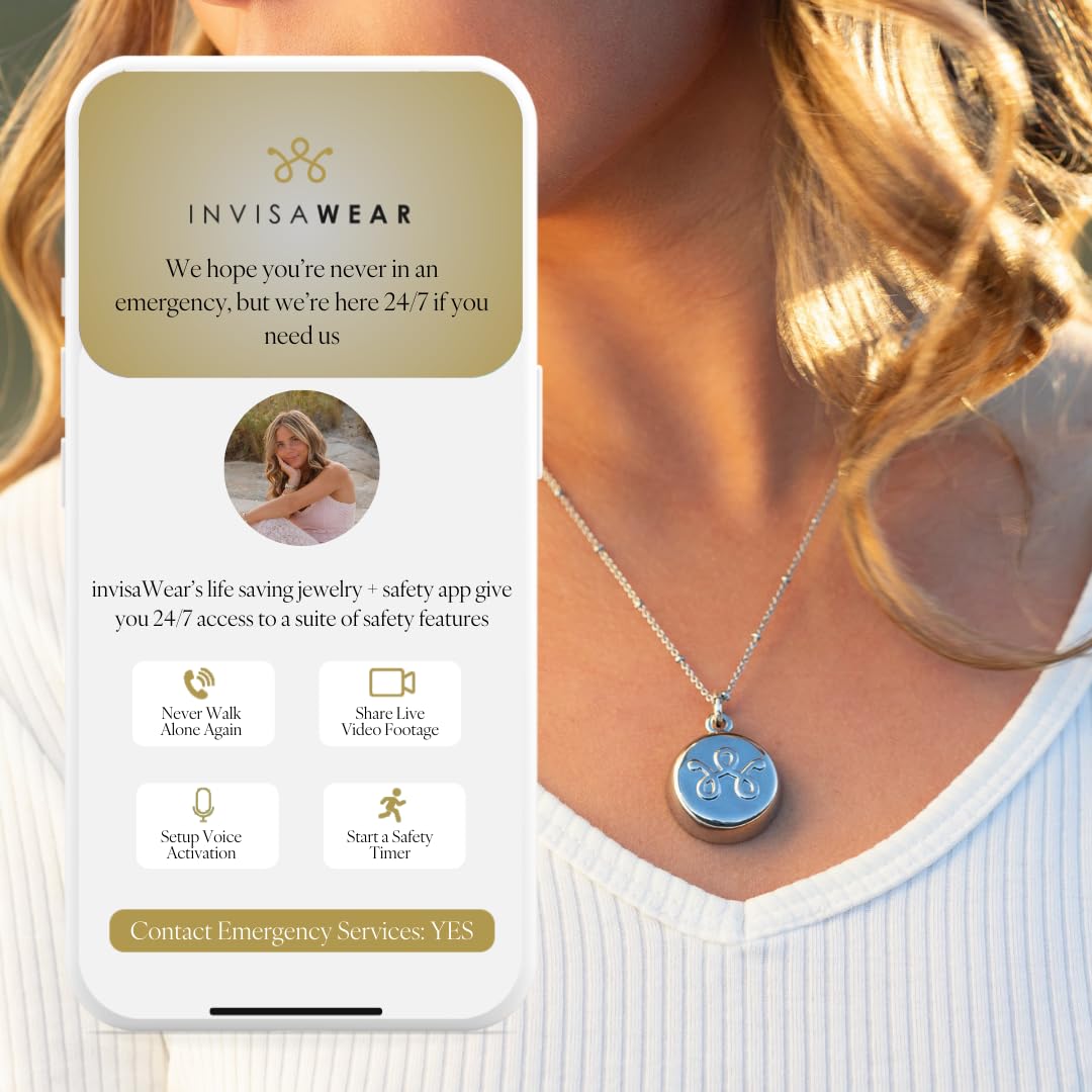 Invisawear Smart Jewelry - Personal Safety Alarm Necklace for Women - Emergency SOS Button with GPS Tracking for Outdoor Activities, Travel & Night Safety