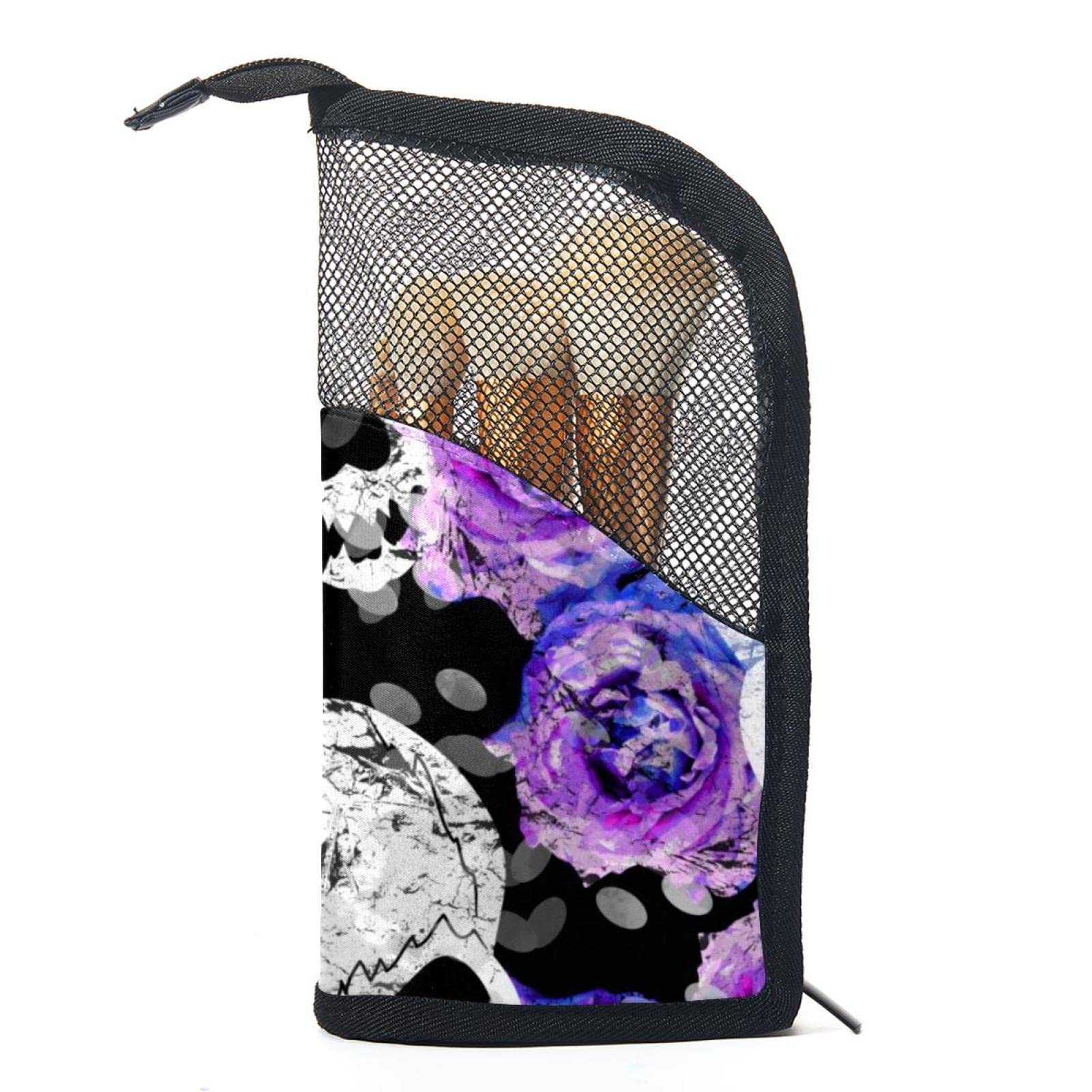 12-Piece Makeup Brush Organizer Bag with Skull Roses Design - Portable Cosmetic Brush Holder Case for Travel & Home Storage - Purple Floral Makeup Brush Set for Professional & Everyday Use