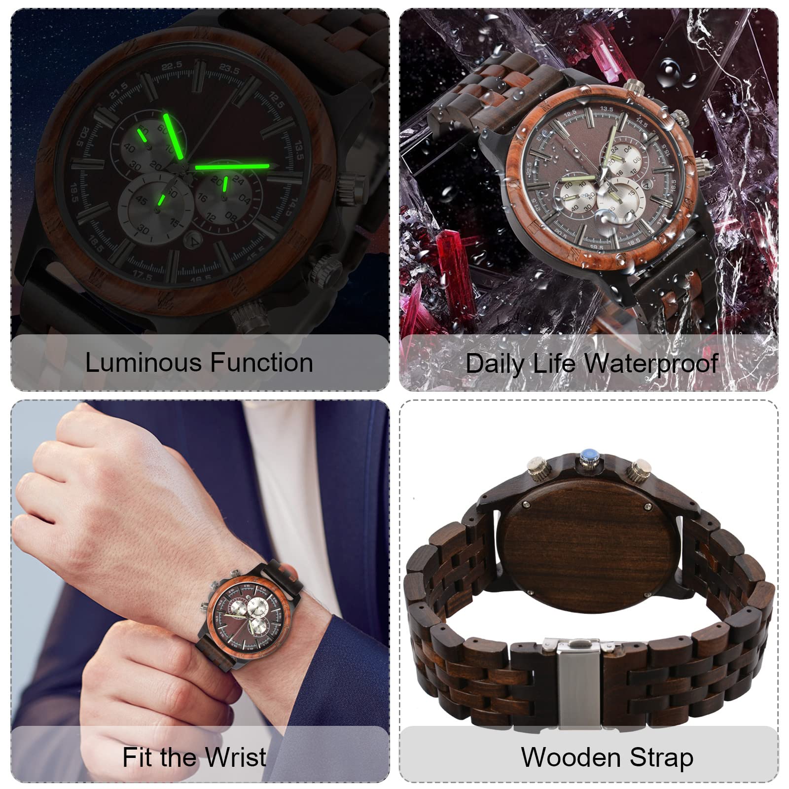 RORIOS Men's Wooden Watch - Waterproof Analog Quartz Wristwatch, Natural Handmade Wooden Chronograph Watch for Men | Perfect for Outdoor Activities, Casual Wear & Unique Gifts