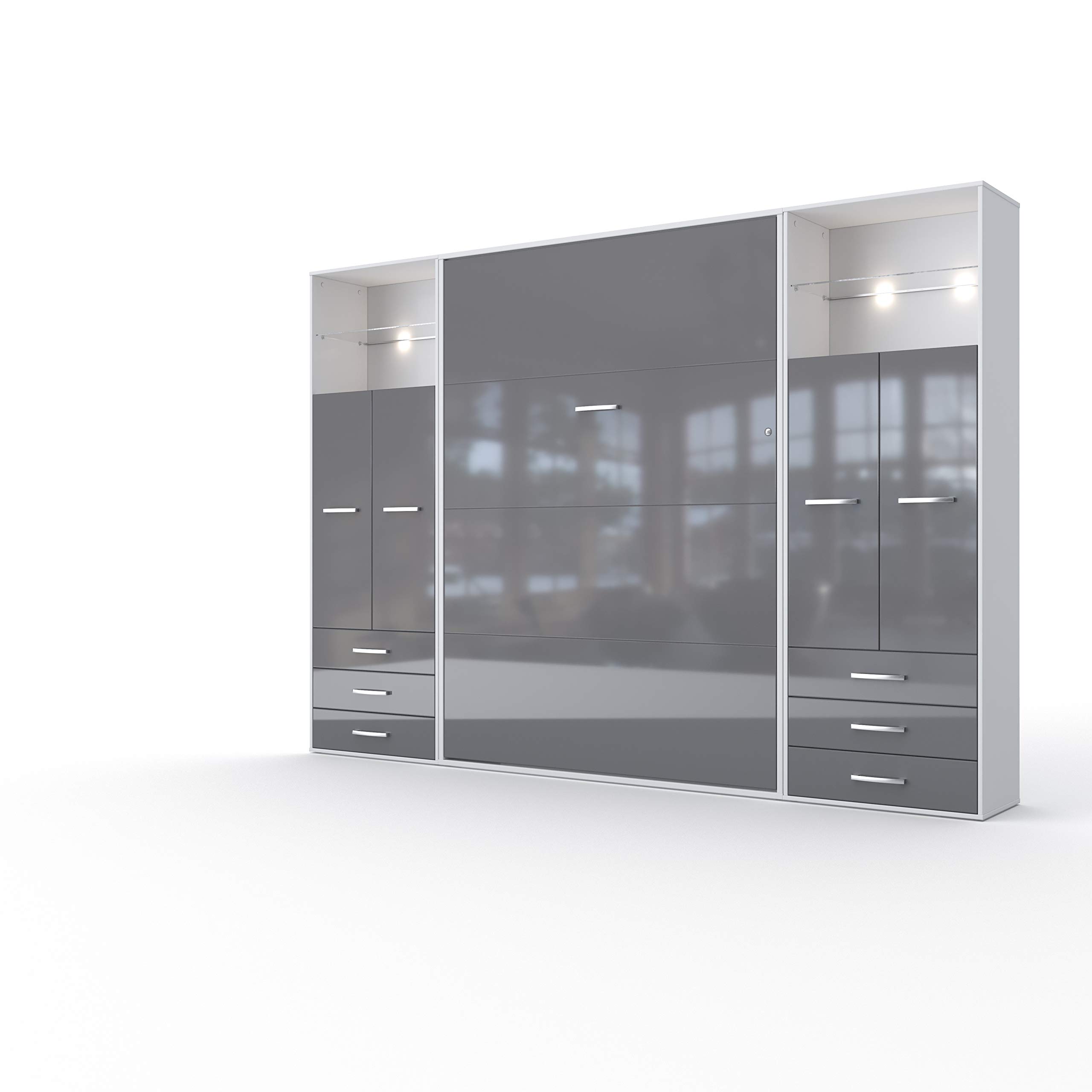 Contempo Vertical Wall Bed - European Queen Size with 2 Storage Cabinets (White/Grey) | Space-Saving Murphy Bed for Small Apartments & Guest Rooms