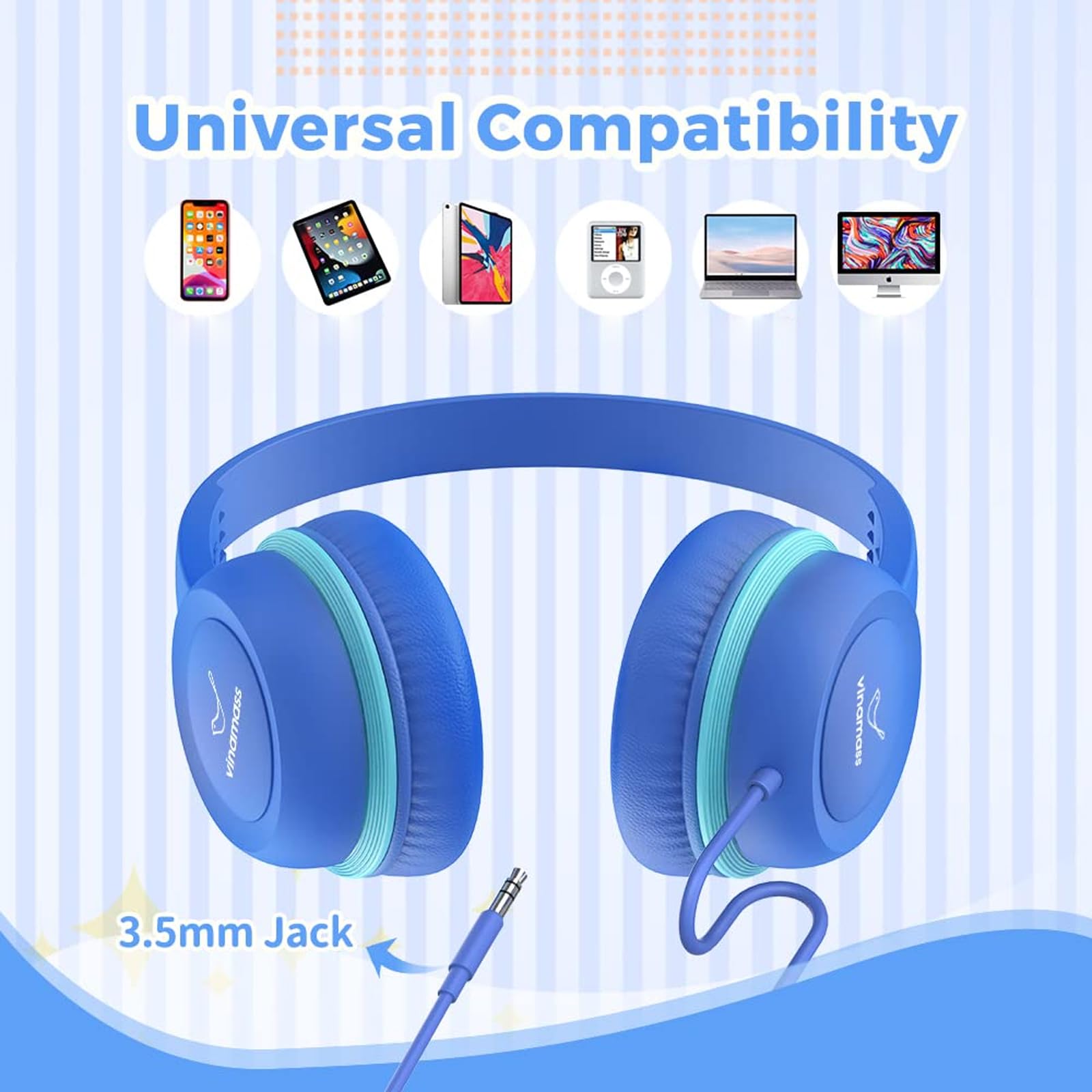 Safe Volume Kids Headphones 85dB - Wired 3.5mm Jack Earphones for Children, School, Travel & Learning | Noise Limiting Headset for Toddlers & Students | Comfortable Over-Ear Design for Long Wear