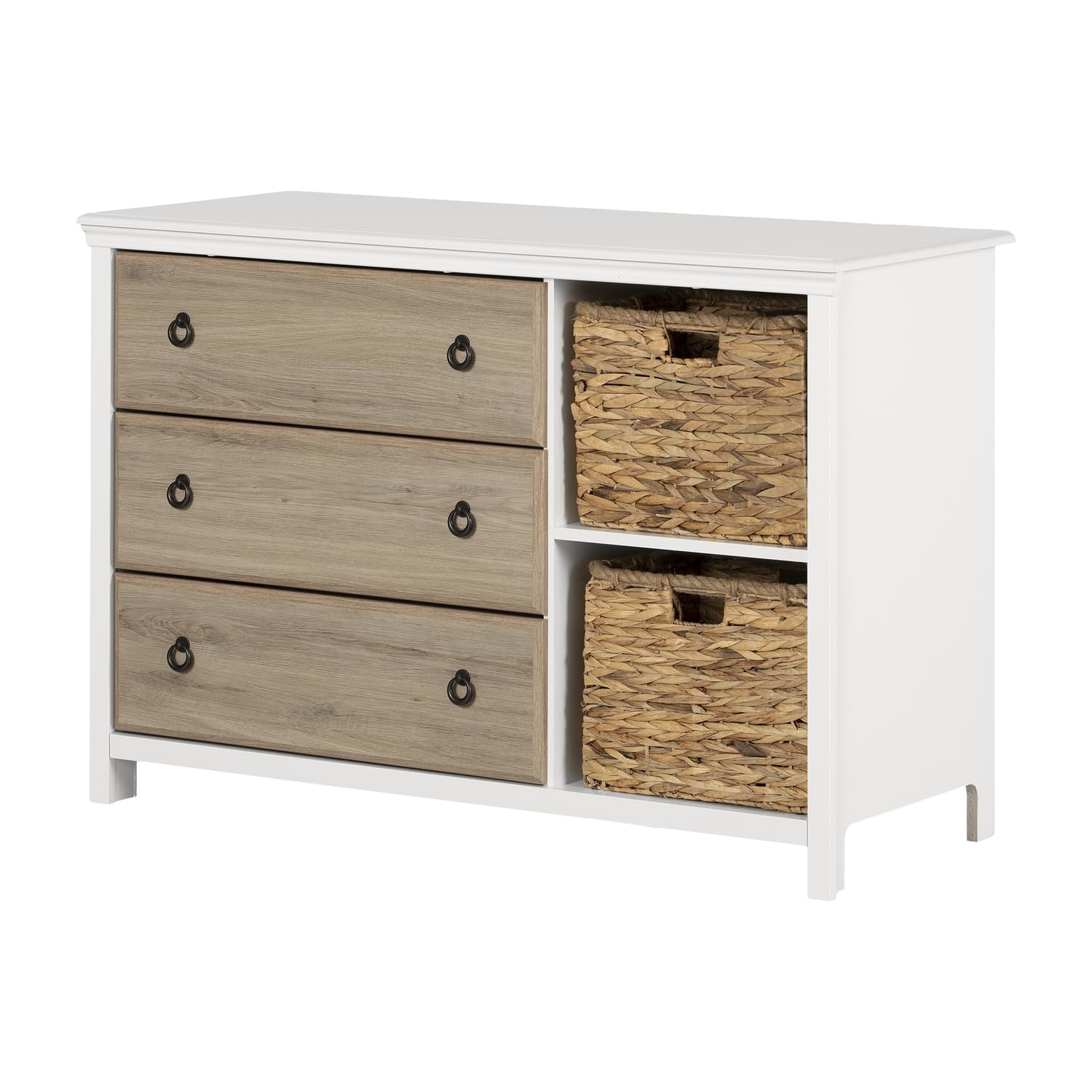 South Shore Cotton Candy 3-Drawer Dresser with Baskets in Pure White & Rustic Oak - Coastal Style Bedroom Storage for Kids, Teens & Nursery Organization