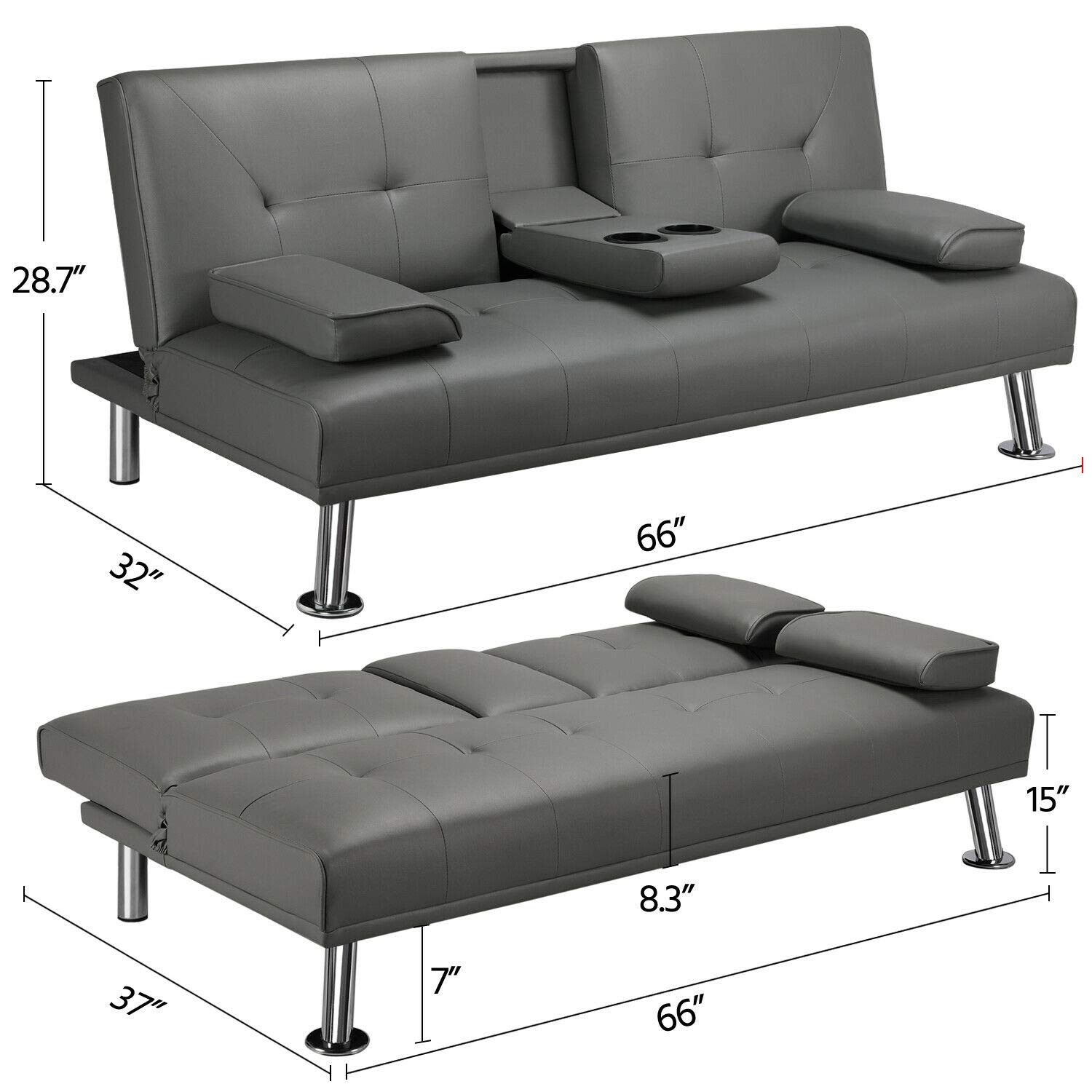 Modern Convertible Sofa Bed Sleeper - Faux Leather Futon Couch with 2 Cup Holders & Gray Armrest - Space Saving Living Room Furniture for Small Apartments, Guest Rooms and Home Offices