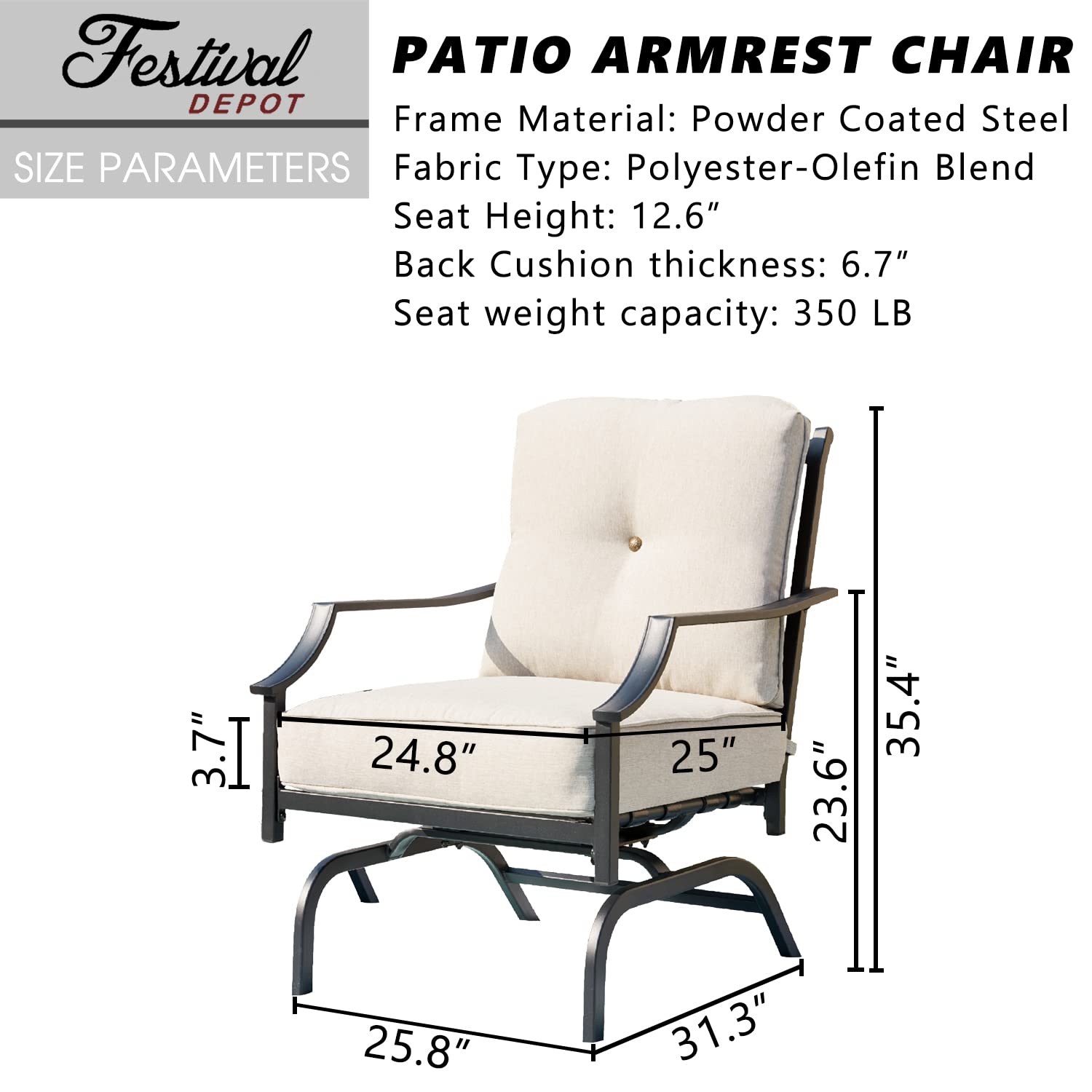 Festival Depot Patio Bistro Dining Chairs Set of 2 - Outdoor Furniture with Steel Frame, Armrests & Cushions (Beige) - Perfect for Garden, Patio, Poolside & Restaurant Use