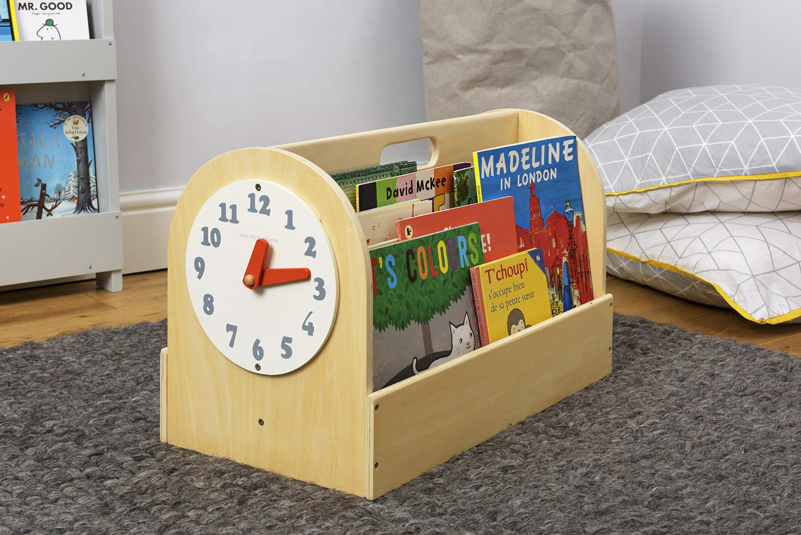 Tidy Books® Kids Book Storage Box & Bookcase for Ages 3-10 - Portable Book Caddy with Removable Play Clock - Eco-Friendly Handmade Children's Bookshelf (White, 13.8 x 21.7 x 12.2 Inches) - Perfect for Bedroom, Playroom & Classroom Organization - The Original Since 2004