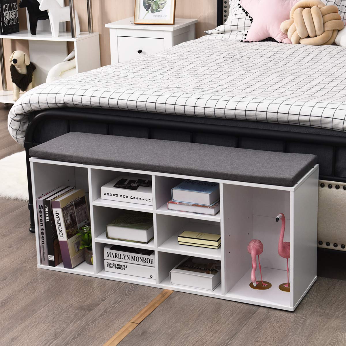 KOTEK White 10-Cube Wooden Shoe Bench with Cushion & Adjustable Shelves - Shoe Storage Cabinet Organizer for Entryway, Living Room, Bedroom - Perfect for Small Spaces & Home Organization