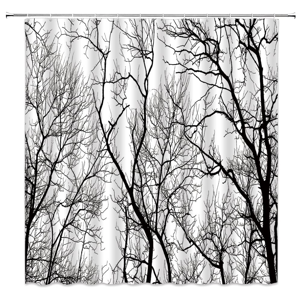 Black and White Forest Shower Curtain - Gothic Horror Woods Abstract Design, Rustic Tree & Leafless Branches Themed Polyester Fabric Bath Curtain (60x80 Inch) - Perfect for Halloween, Fall & Winter Decor, Nature-Inspired Bathroom Aesthetics