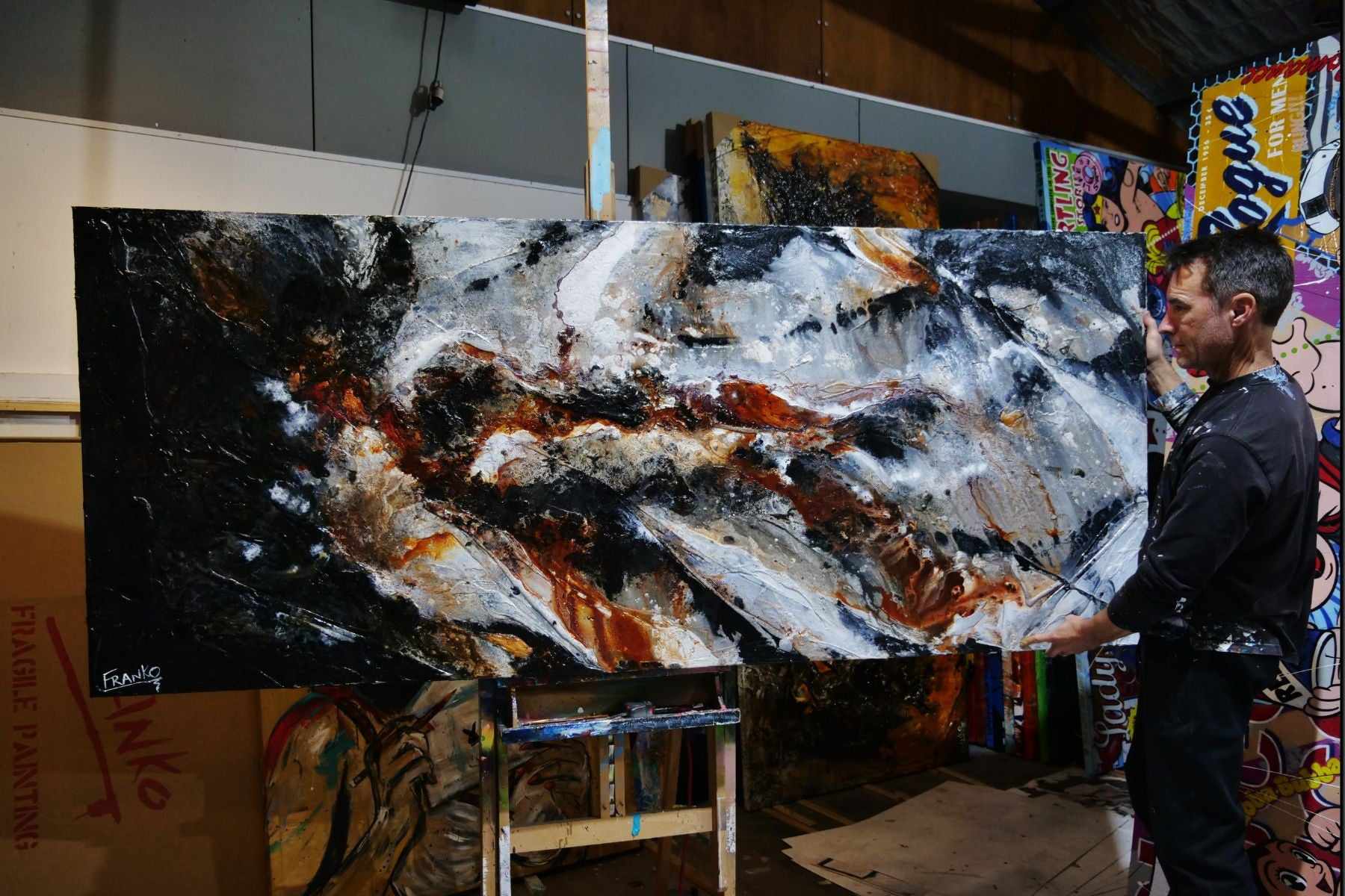 Rust and Pepper 240cm x 100cm Black Brown Textured Abstract Canvas Wall Art - Modern Home Decor for Living Room, Bedroom & Office