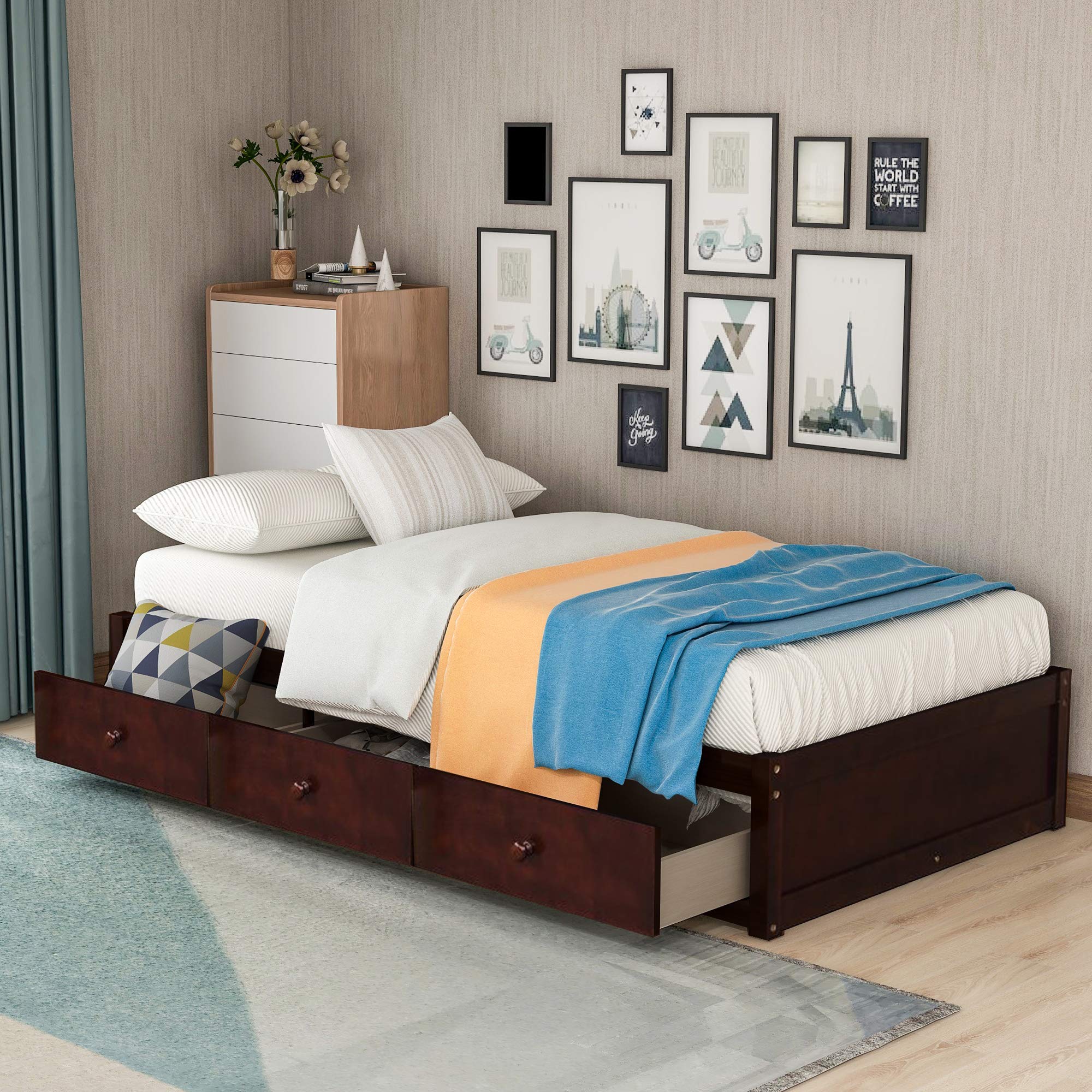 MERAX Twin Size Wood Platform Bed with 3 Storage Drawers & Wood Slat Support - No Box Spring Needed - Space-Saving Bedroom Furniture for Small Rooms & Apartments