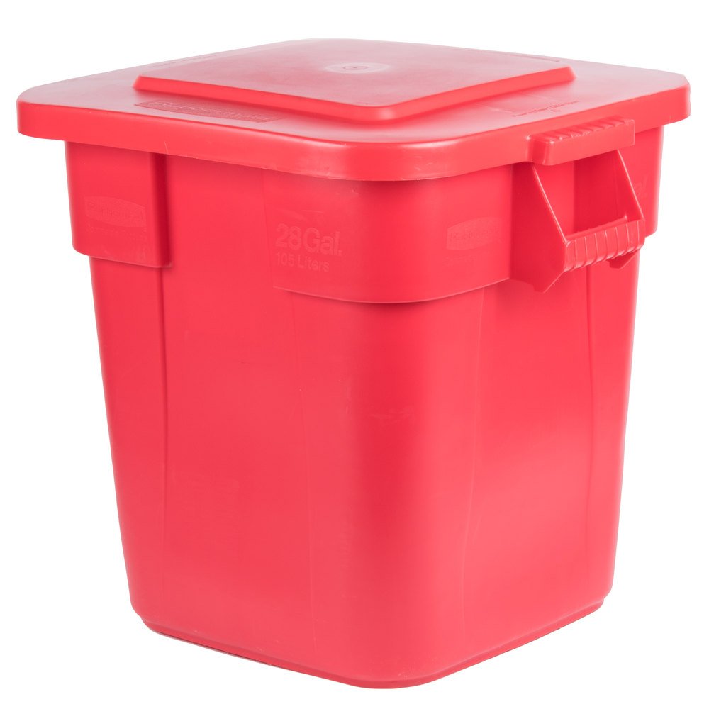 TableTop King BRUTE 28 Gallon Square Red Trash Can with Lid - Heavy Duty Commercial Garbage Bin for Office, Kitchen, Restaurant & Outdoor Use