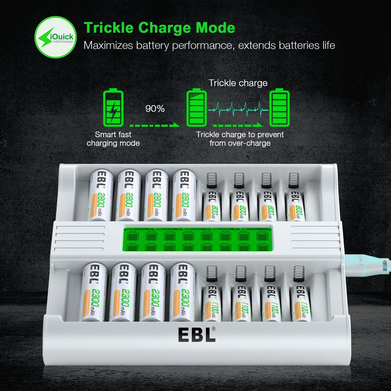 EBL 16 Bay AA AAA Battery Charger with LCD Display - 1 Hour Fast Charging for NiMH Rechargeable Batteries - Includes AC Power Cord - Perfect for Cameras, Toys, Flashlights & Home Electronics