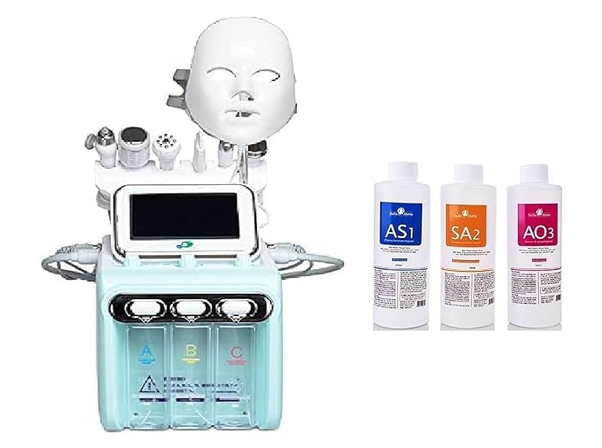 7-in-1 Hydrafacial Machine with Double Motor | Professional Hydra Facial Microdermabrasion Device & Hydra Facial Aqua Peeling Solution Kit (AHA BHA Serum, 1200ml Total - 400ml x 3 Bottles) | For Spa, Salon & At-Home Skincare Treatments
