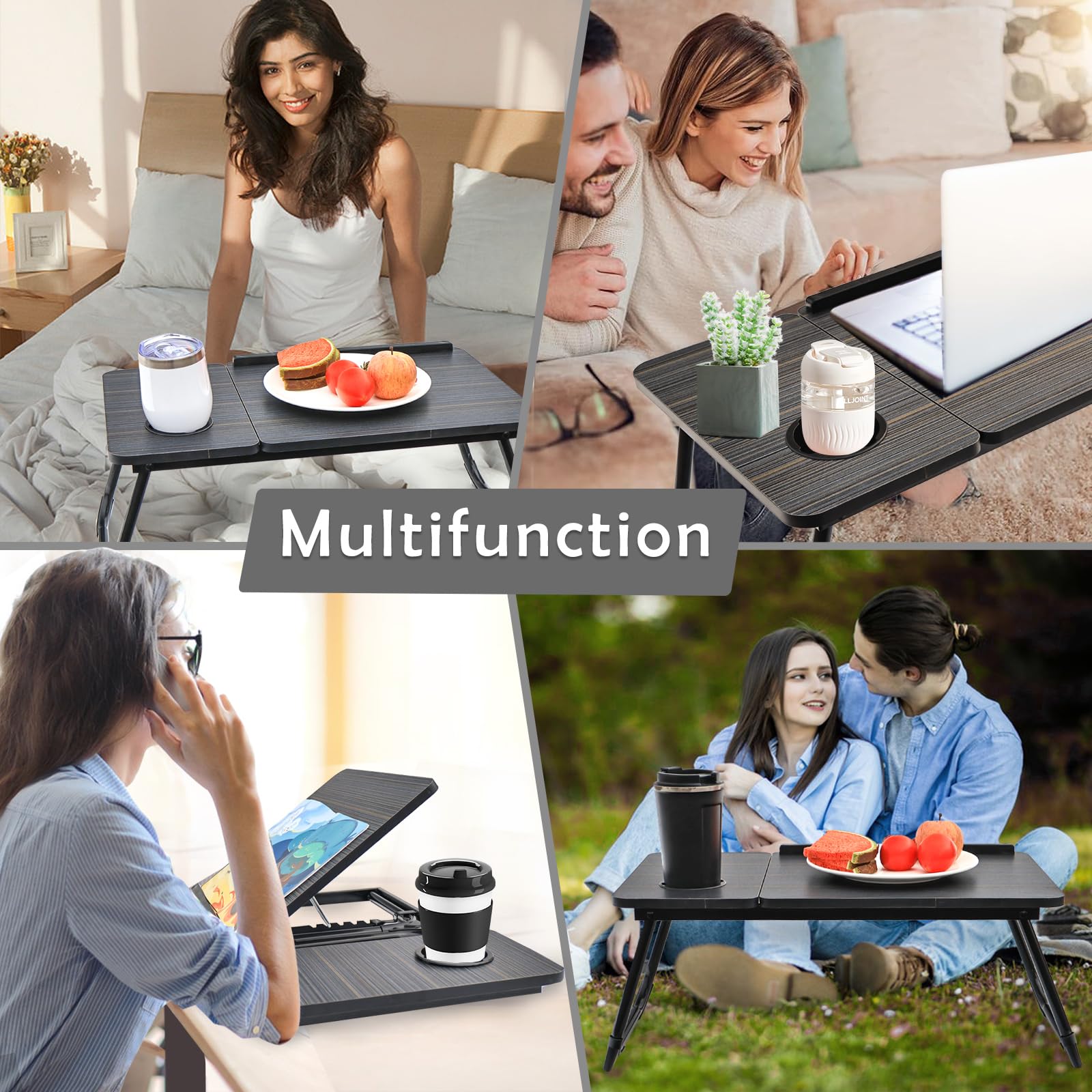 Adjustable Laptop Desk for Bed & Couch - Foldable Portable Lap Desk with Cup Holder, Breakfast Tray & Bed Table for Writing, Eating, Working - Perfect for Home Office, Dorm Room & Sofa Use (Black)