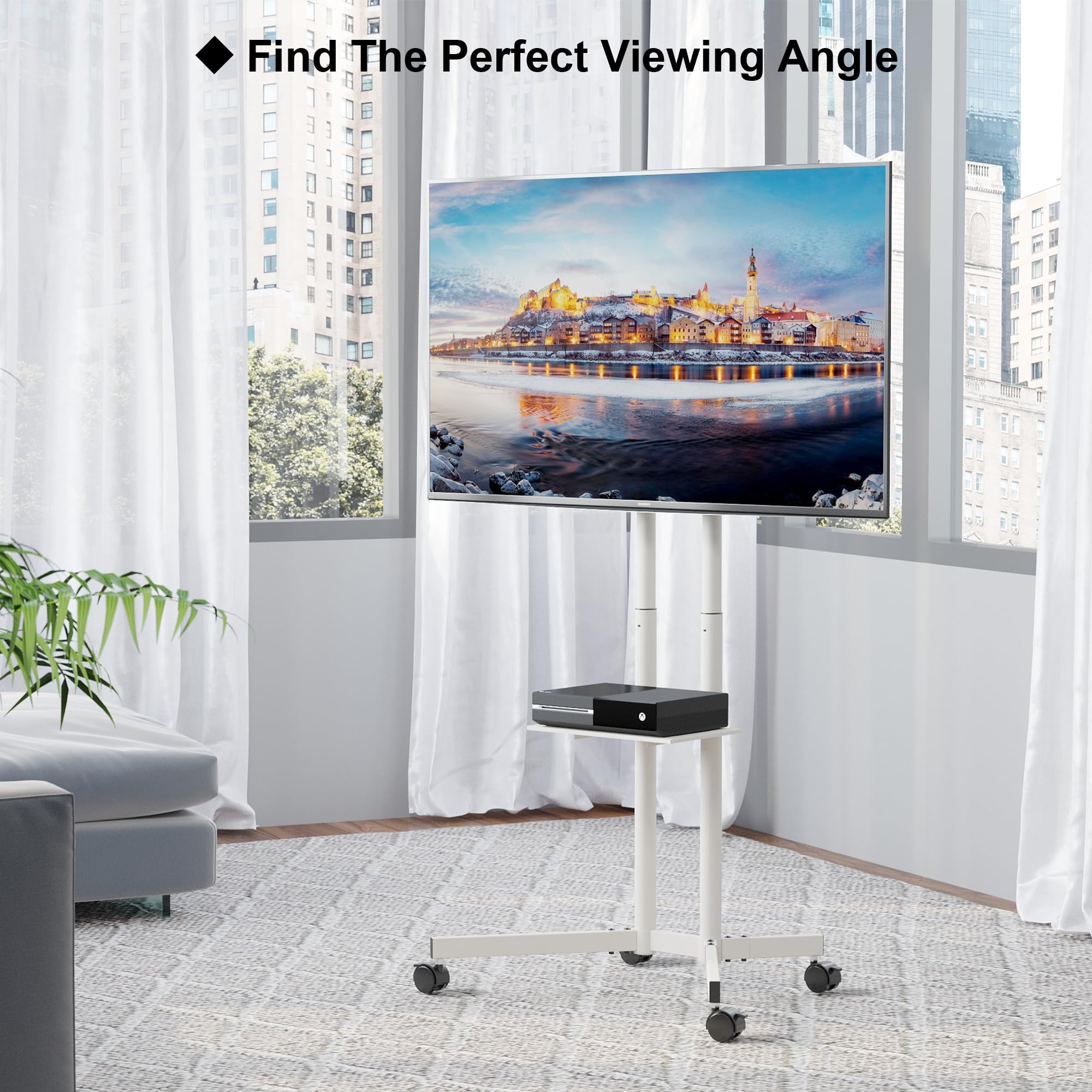 BONTEC Adjustable Rolling TV Stand for 32-85 Inch LED, LCD, OLED, 4K TVs - Mobile Height Adjustable TV Cart with Laptop Shelf, Locking Wheels (132lbs Capacity, 600x400mm VESA) - Perfect for Living Rooms, Bedrooms, and Home Theaters - White