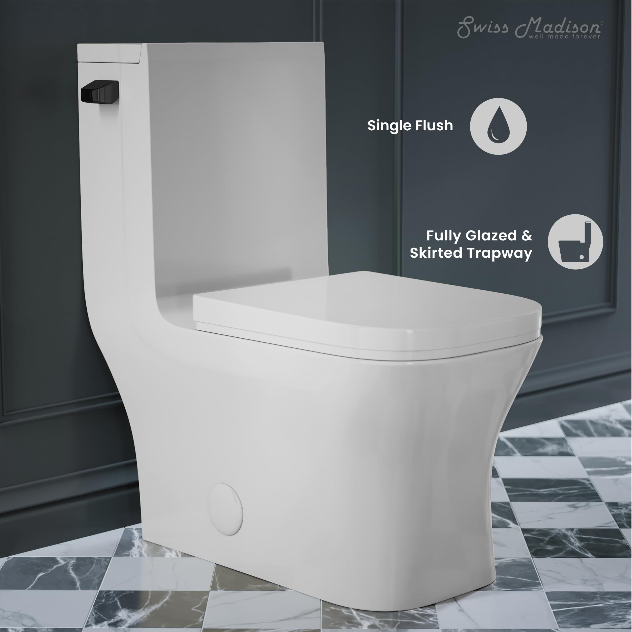 Concorde One-Piece Square Toilet with Side Flush, 1.28 GPF Water Saving Design, Modern Black Hardware - Perfect for Small Bathrooms, Apartments & Contemporary Homes