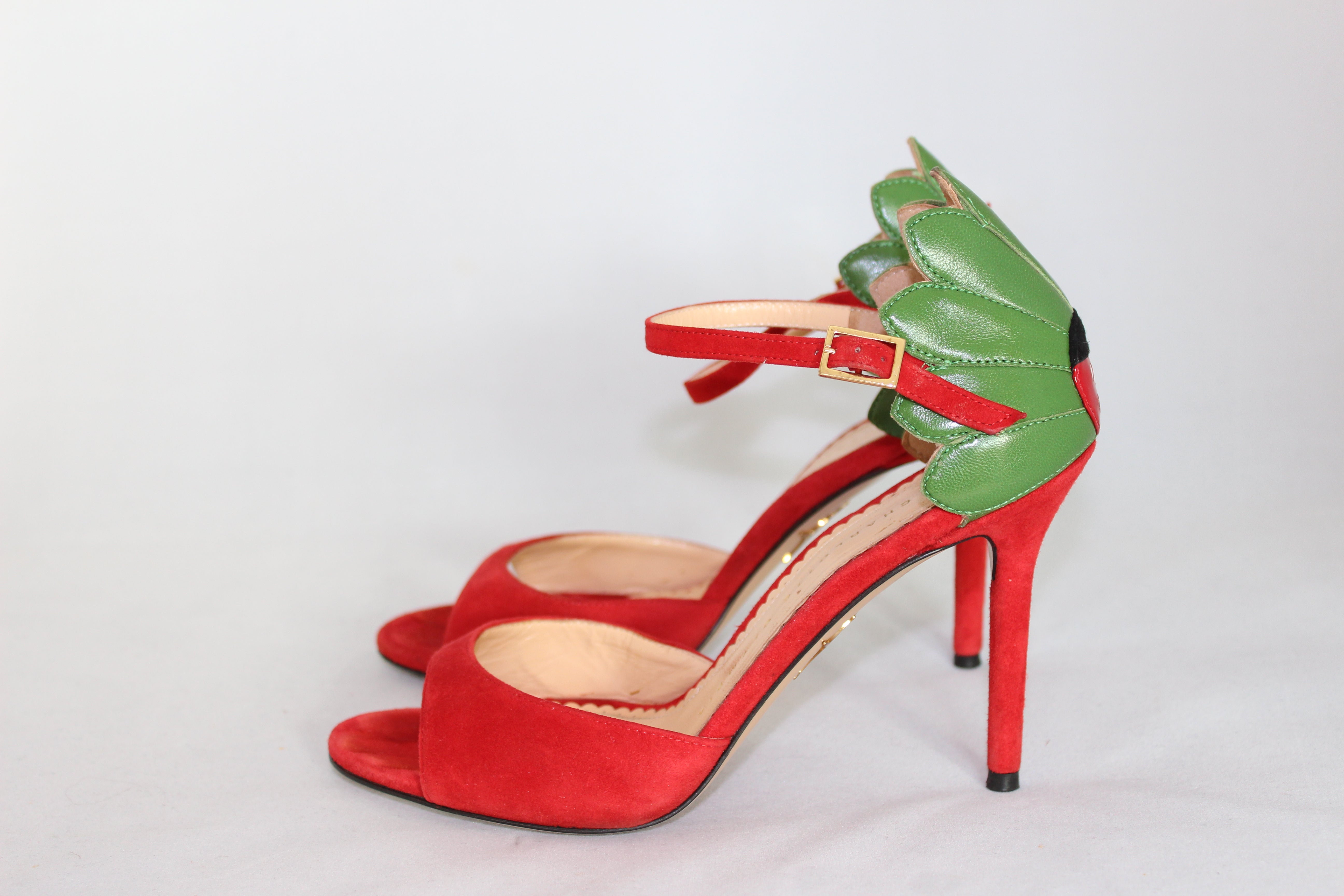 Charlotte Olympia Red Suede Sandals with Ladybug Detail - Size 36 | Elegant Summer Footwear for Weddings & Outdoor Events