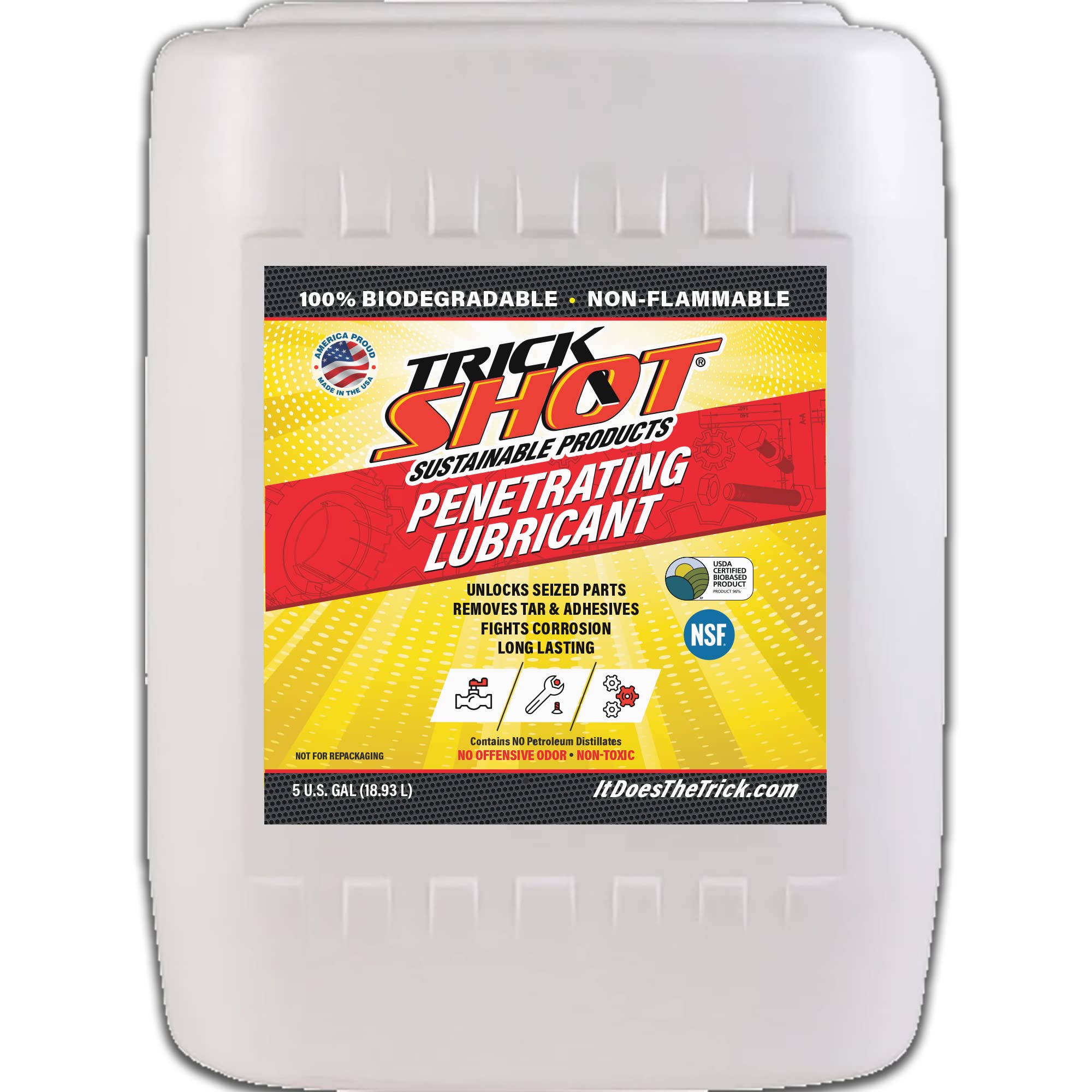 Trick Shot - 3 in 1 Penetrating Lubricant Oil - Non-Toxic, Non-Flammable & Eco-Friendly Food Grade Industrial Oil Spray - Biodegradable Anti-Seize Lubricant for Rust Protection, Degreasing & Cleaning - 5 Gallons - Perfect for Automotive, Marine, Industrial & Household Maintenance