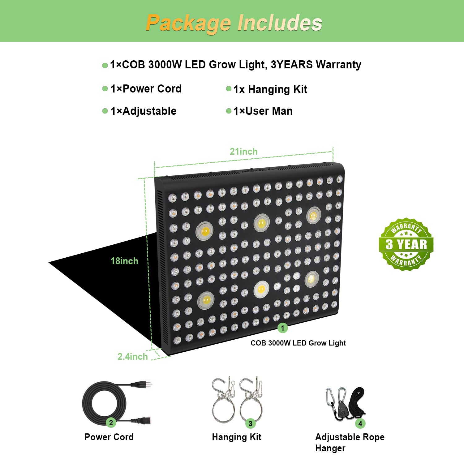 AGLEX 655W COB LED Grow Light Full Spectrum - Hydroponic Indoor Plant Growing Lamp with Daisy Chain & Veg/Bloom Switch for Greenhouse, Vegetables, Flowers (C3000) - Perfect for Seedlings, Herbs, and Cannabis Cultivation