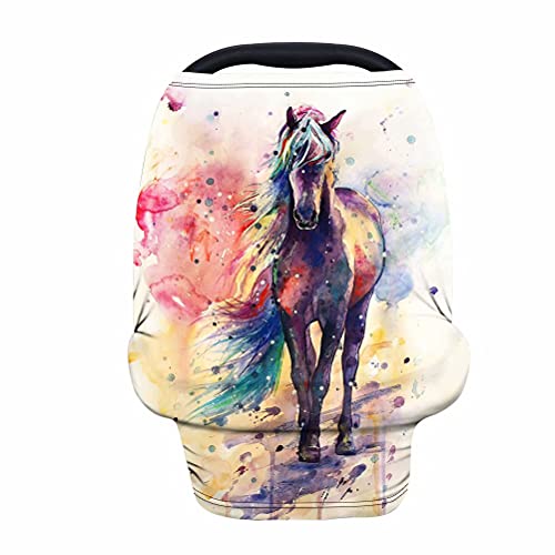 XYZCANDO Oil Painting Horse Print Baby Car Seat Cover - Soft Breathable Stroller & High Chair Protector for Boys & Girls - Stretchy Nursing Cover for Moms - Full Coverage Car Seat Canopy (Perfect for Travel, Shopping & Outdoor Activities)
