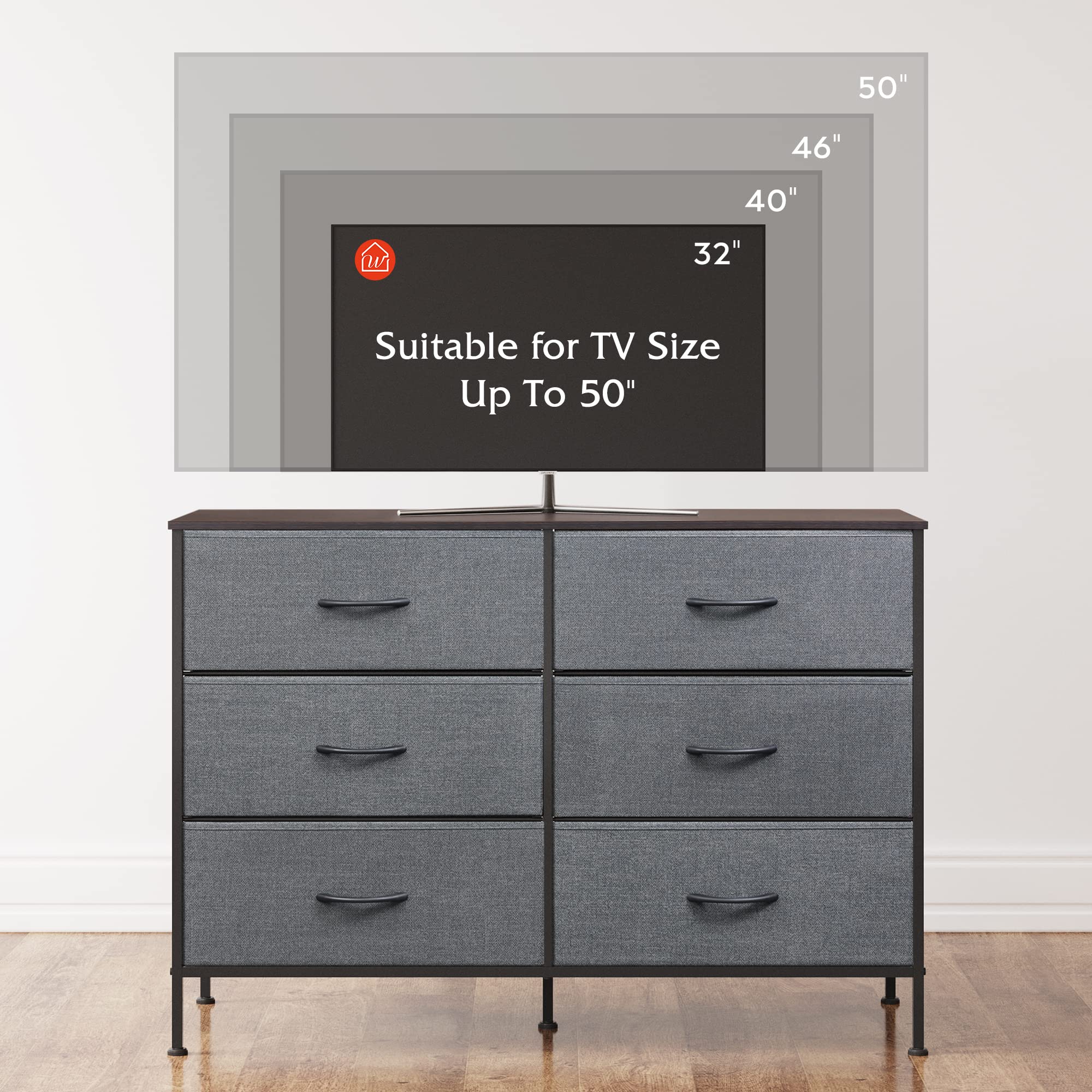 WLIVE 6-Drawer Fabric Dresser for Bedroom & Living Room - Sturdy Metal Frame Dresser with Wooden Top, TV Stand for 50 Inch TV, Storage Organizer for Hallway - Dark Gray | Perfect for Small Spaces & Apartment Organization