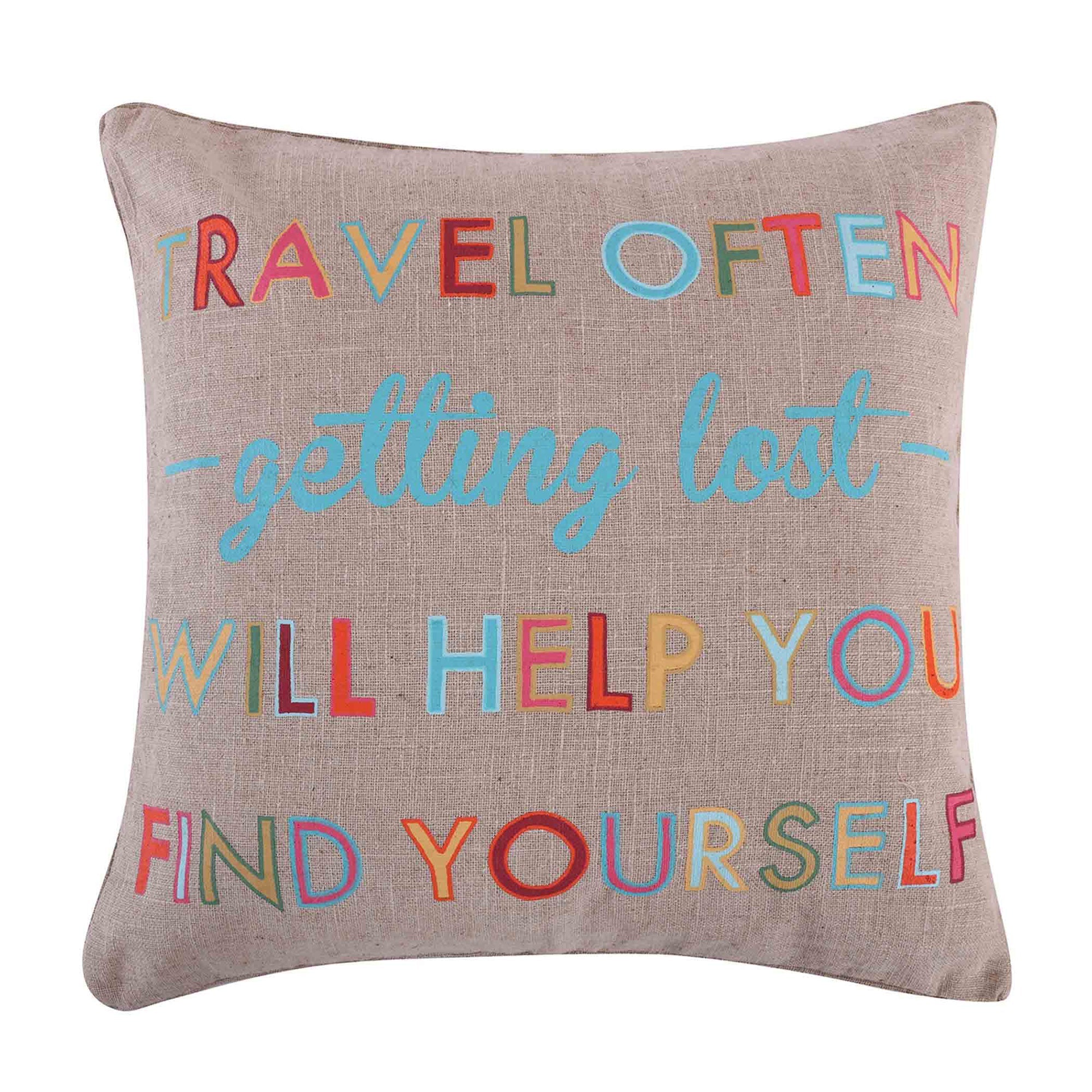 Mayla Travel Often Burlap Pillow - Rustic Farmhouse Decorative Throw Pillow for Sofa, Bed & Outdoor Patio - Perfect for Cozy Home Decor and Travel Enthusiasts
