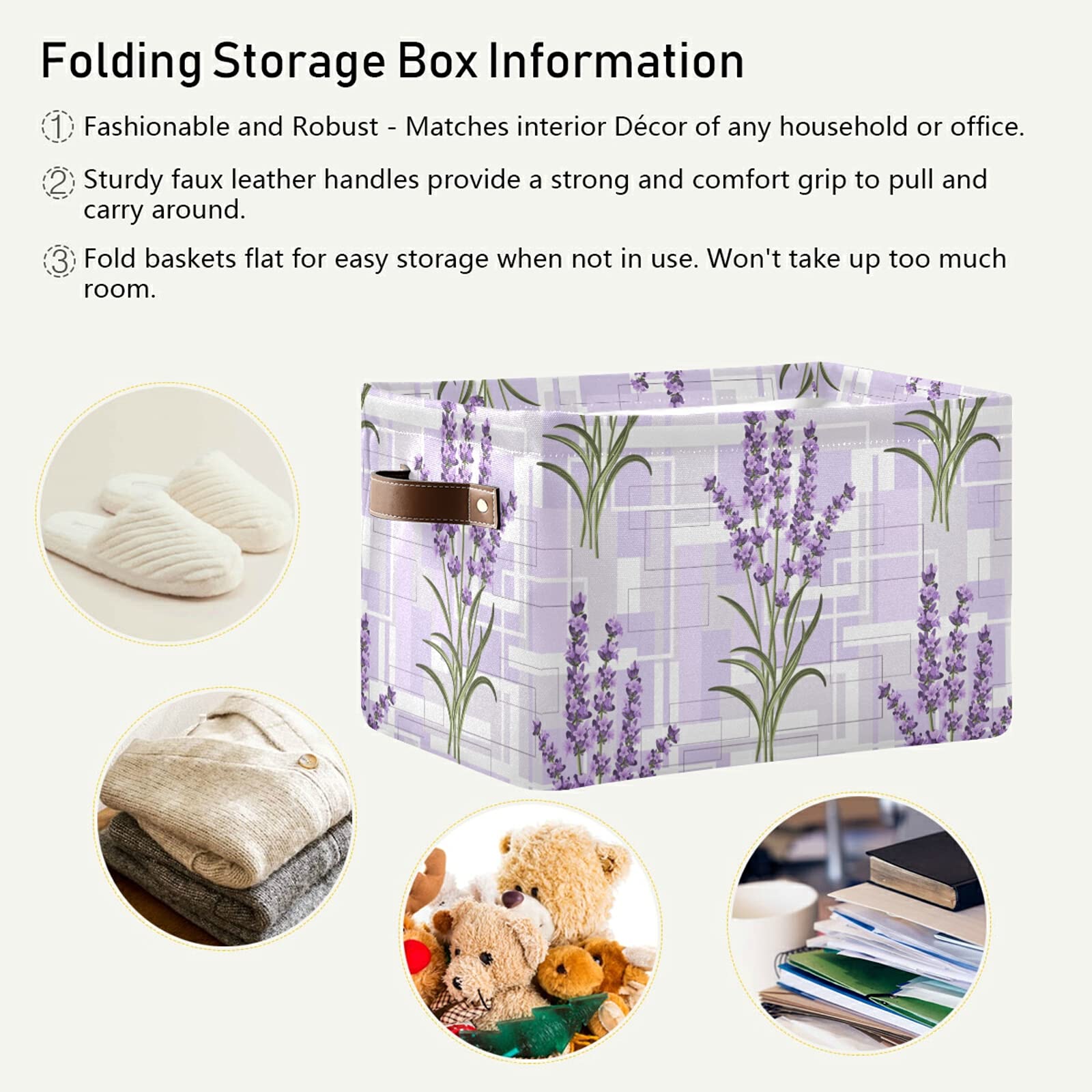Purple Lavender Floral Foldable Storage Bin with Handles - Collapsible Fabric Storage Basket Cube for Organizing Toys, Nursery, Shelf, Closet, Bedroom & Office - Perfect for Home Organization & Space Saving (1PC)