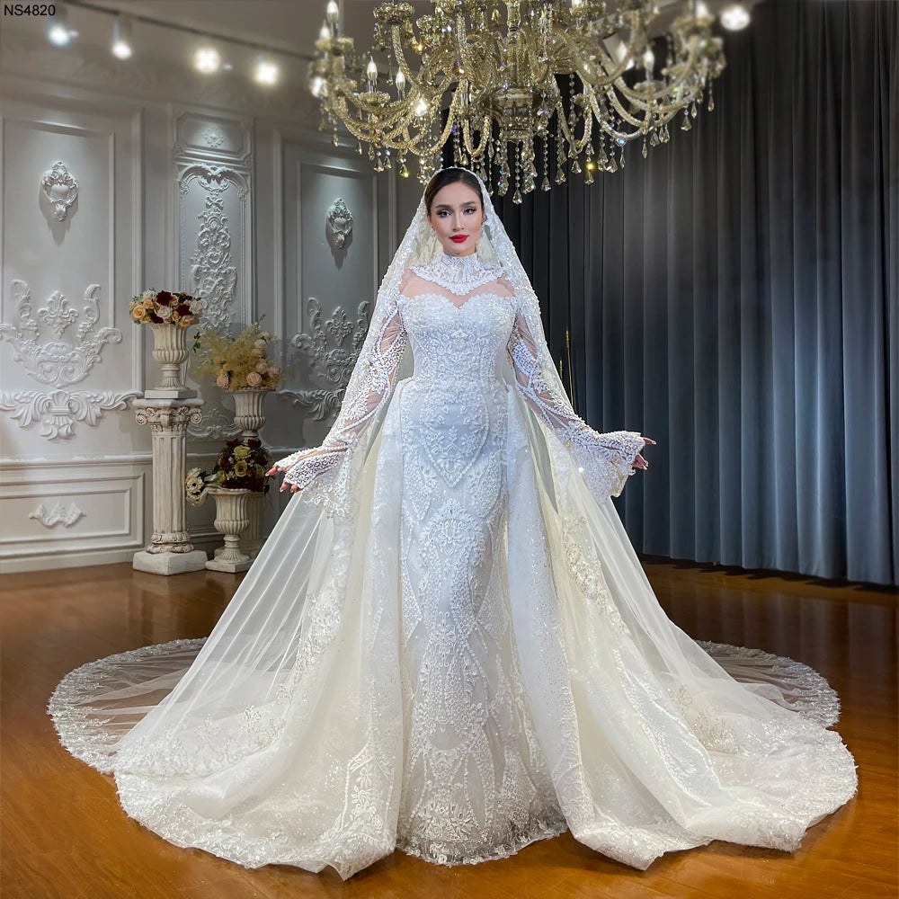 Elegant 2 in 1 Removable Lace Skirt Mermaid Wedding Dress with Long Sleeves - Perfect for Bridal Gowns, Formal Events & Romantic Photoshoots