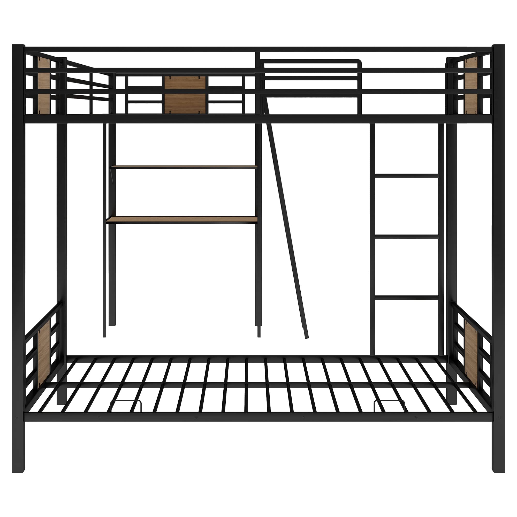 Sturdy Metal L-Shaped Triple Bunk Bed with Twin Over Twin & Loft Bed - Includes Built-in Desk & Shelves - Space-Saving 3-Tier Bunk Bed for Kids, Teens & Adults - Brown Finish - Perfect for Small Bedrooms, Dorms & Shared Kids' Rooms
