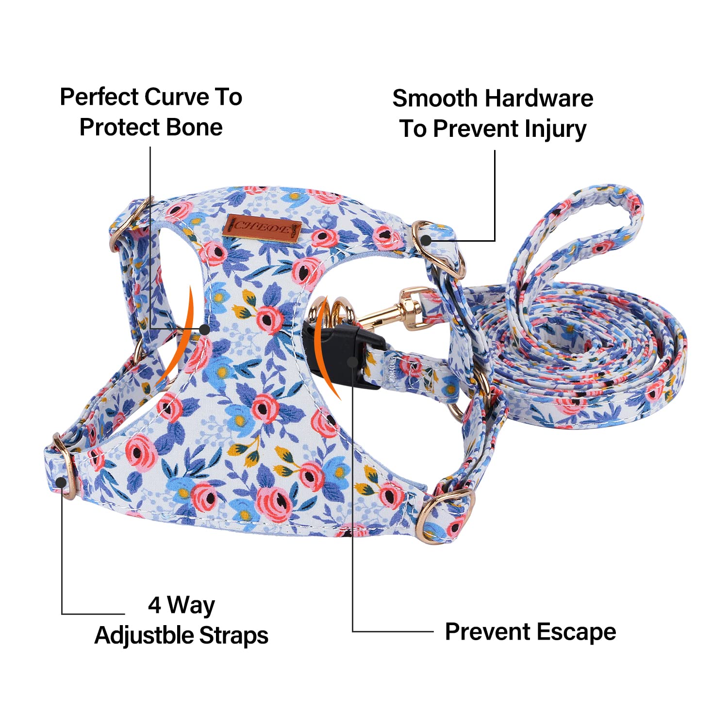 No Pull Floral Dog Harness - Adjustable Soft Pet Harness & Leash Set for Small Medium Dogs | Lightweight Puppy Vest with Blue Rose Pattern | Perfect for Walking, Training & Outdoor Adventures (Size S)