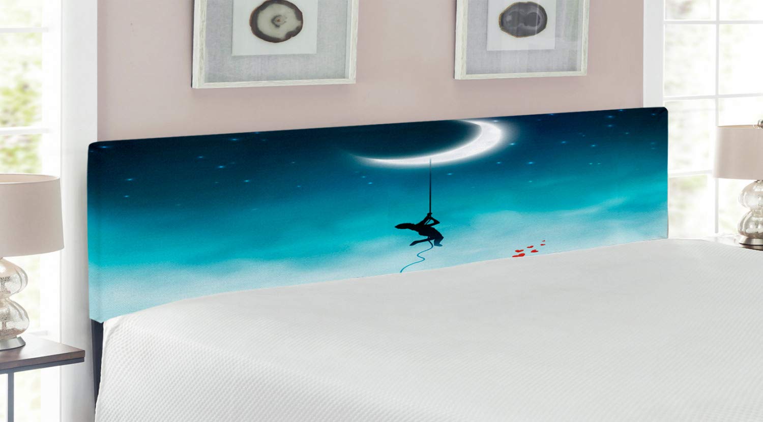 Ambesonne Fantasy Headboard - King Size Upholstered Metal Bed Frame with Memory Foam, Romantic Moon & Bench Art in Teal & White | Perfect for Master Bedroom, Guest Room & Kids' Room Decor