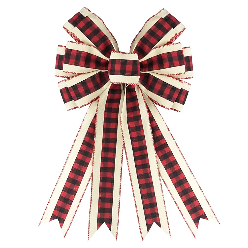 Large Christmas Bow for Wreath Decor - Red Black Buffalo Plaid Bows for Front Door, Wall & Fence - Red Beige Wreath Bow & Tree Topper - Perfect for Winter Christmas Party, Holiday Home Decor & Festive Gift Wrapping