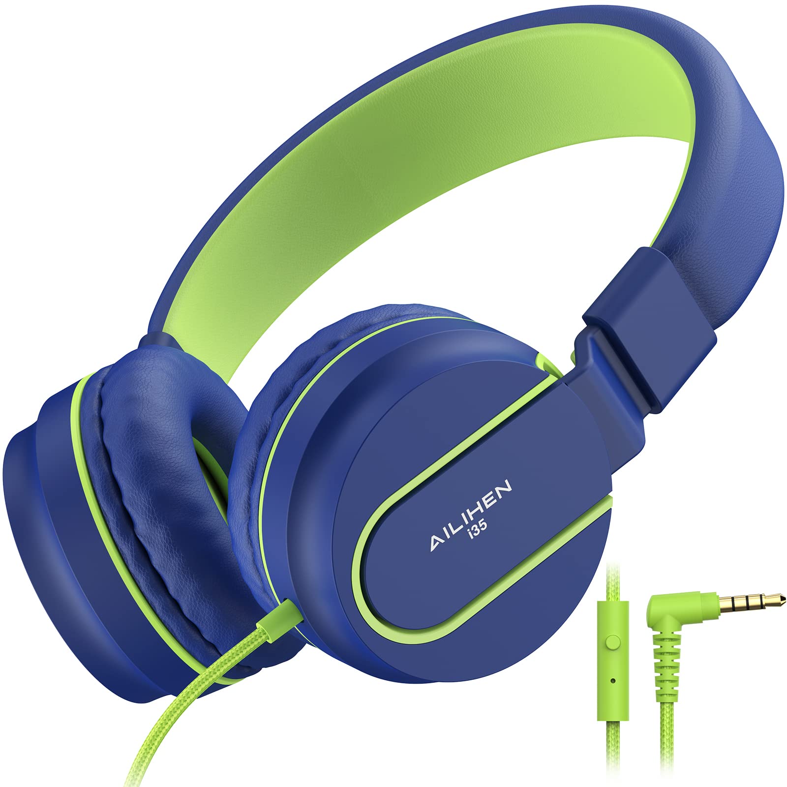 AILIHEN I35 Kids Headphones with Microphone - Volume Limited 93dB Safe Sound, Lightweight Foldable Wired Headset for Children, Girls & Boys - Compatible with Chromebook, Cellphones, Tablets (Blue Green) - Perfect for Online Classes, Homeschooling & Travel