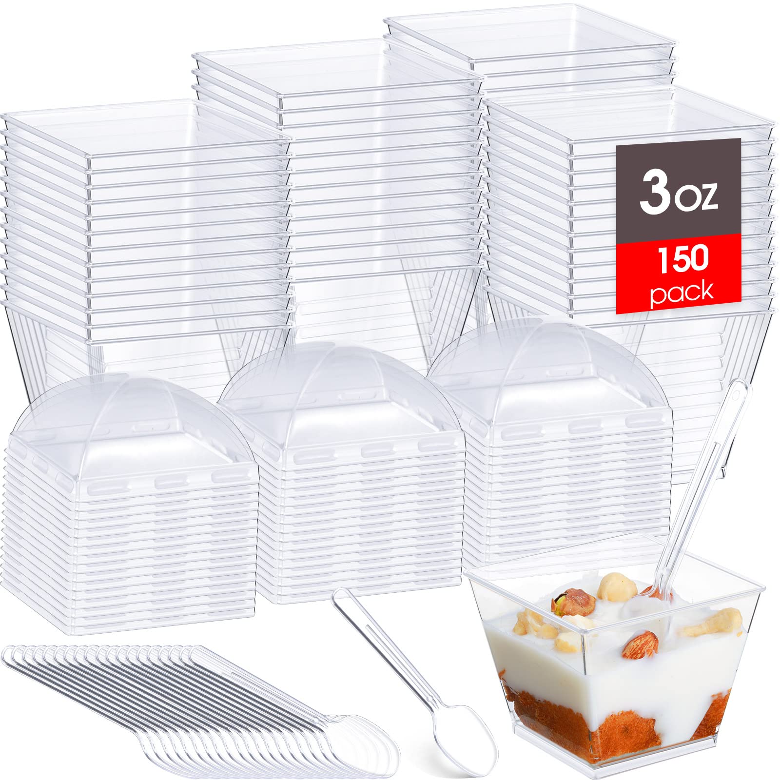 150 Pcs 3 oz Clear Square Mini Plastic Dessert Cups with Lids & Spoons - Perfect for Parfaits, Appetizers, Ice Cream, Birthday Parties, Weddings & Anniversaries - BPA-Free Disposable Party Favors