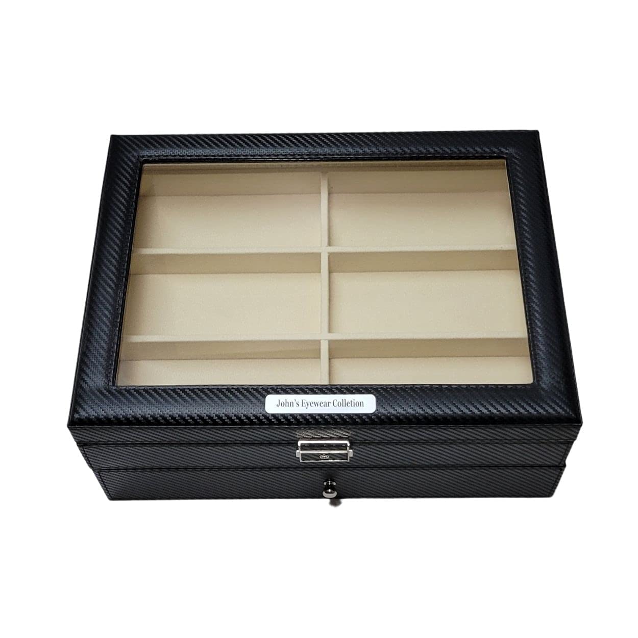 12-Piece Extra Large Black Carbon Fiber Eyeglass Display Case with Drawer - Personalized Eyewear Storage for Optical Shops & Home Organization