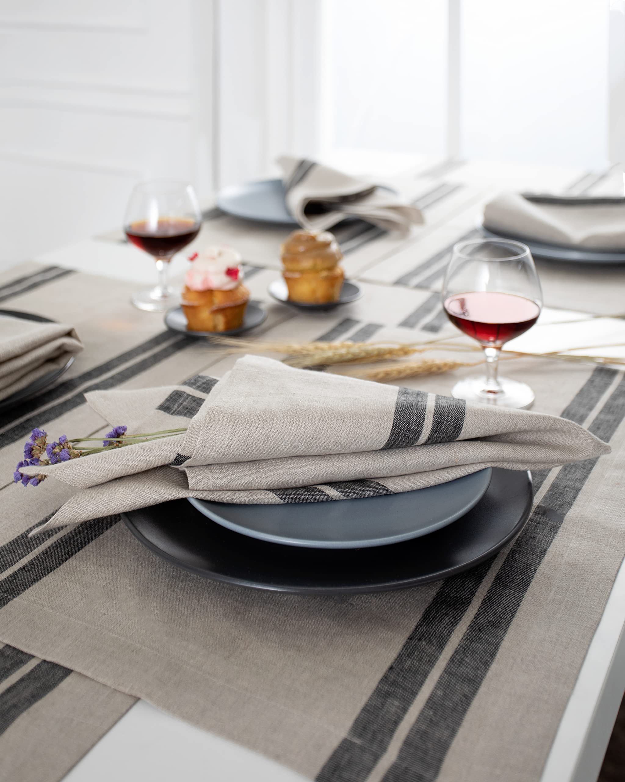 D'Moksha Homes 100% Pure French Linen Placemats Set of 4 - Natural & Black Striped Table Mats 14x19 Inch - Machine Washable Dining Table Decor for Easter, Thanksgiving, Dinner Parties & Home Decor