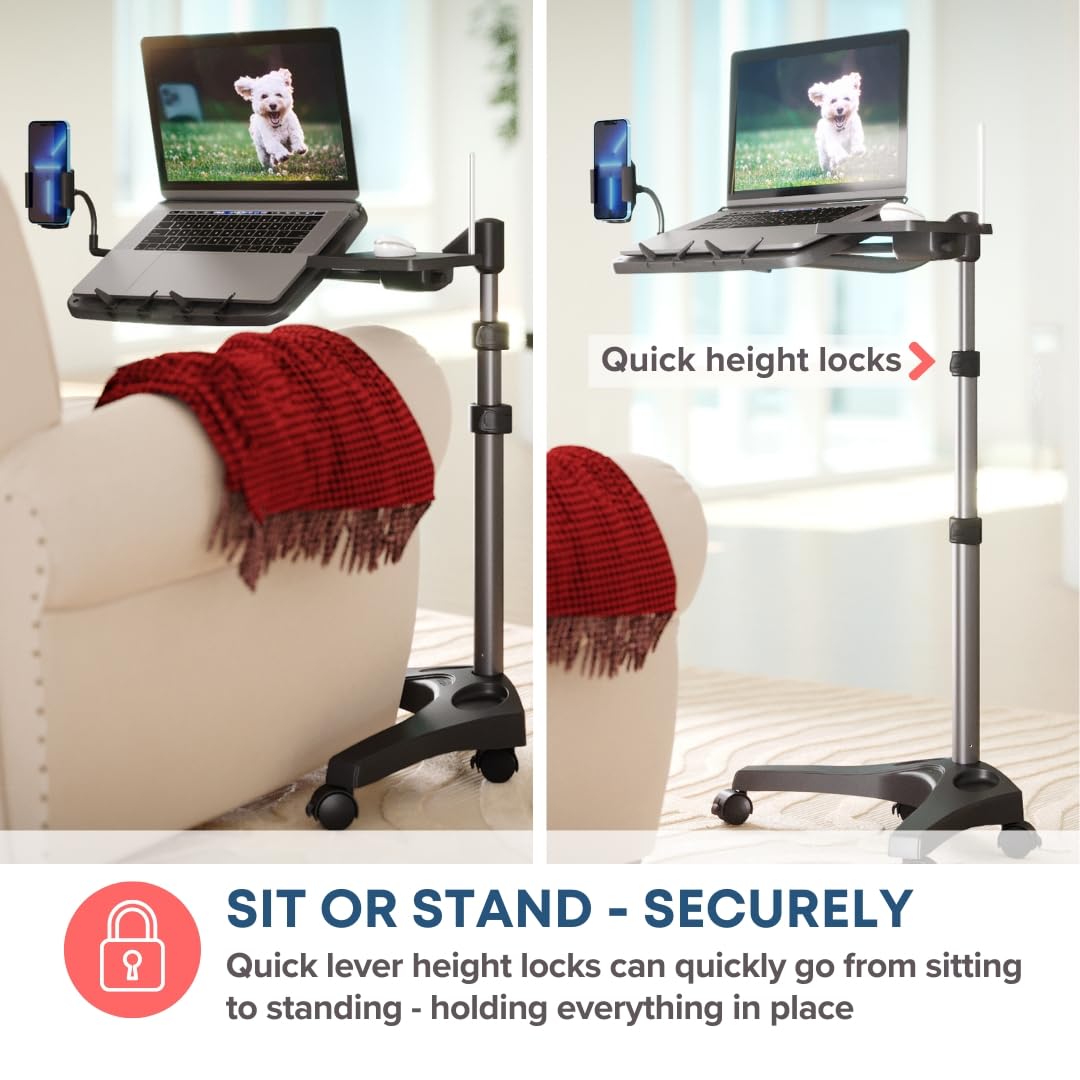 LEVO G2 V16 Adjustable Mobile Laptop Stand with Phone Holder & Mouse Tray - Rolling Computer Cart for Home Office, Gaming & Workspace Organization
