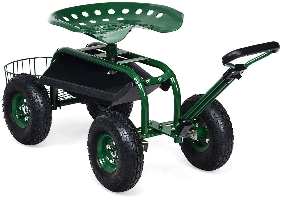 **GRAFFY Heavy Duty Garden Cart with Wheels - Rolling Gardening Stool with Tray & Basket, Adjustable Seat & Handle - Mobile Work Seat for Lawn, Patio & Yard Work - Perfect for Planting, Weeding & Outdoor Chores**