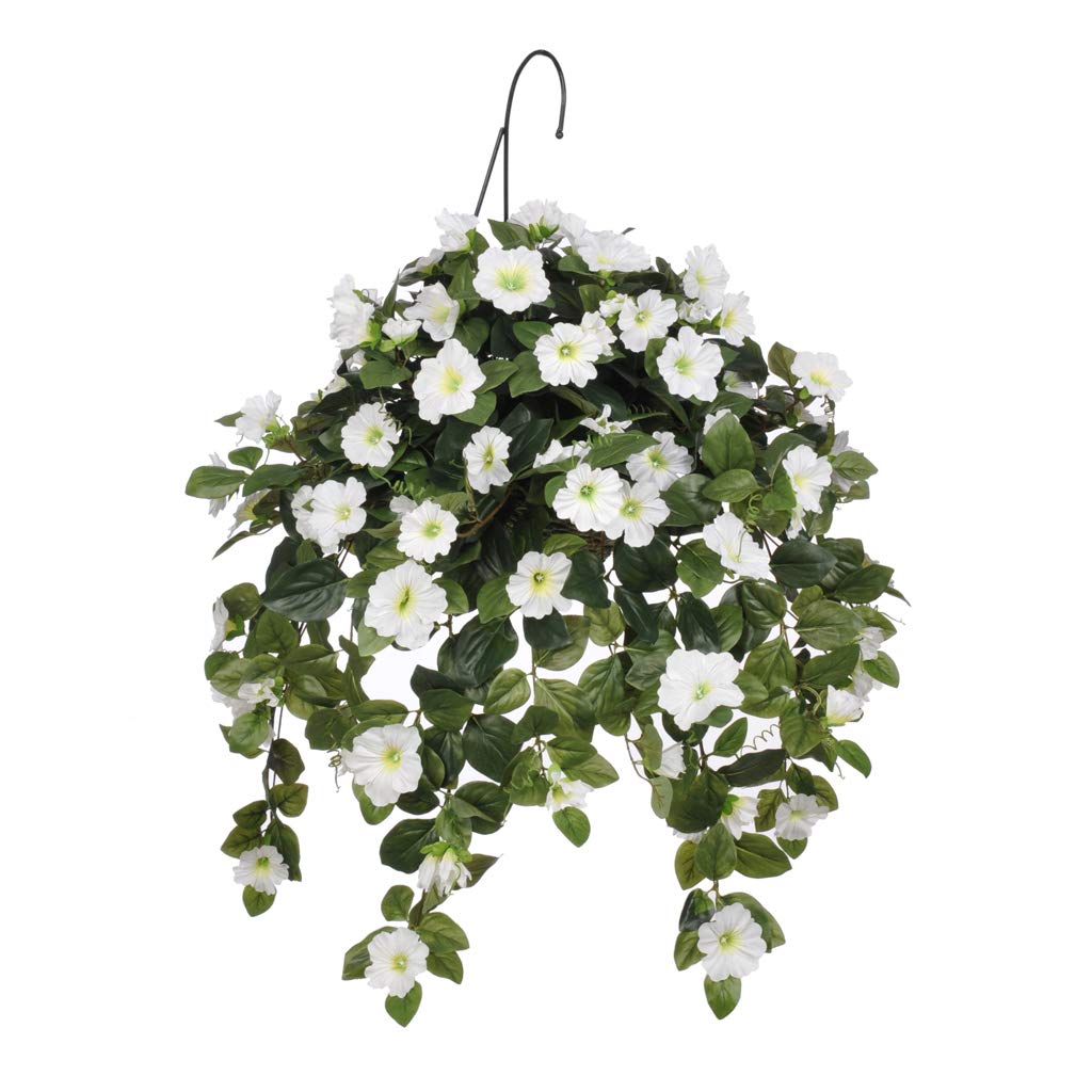 House of Silk Flowers Artificial White Petunia in Natural Water Hyacinth Hanging Basket - Perfect for Porch, Patio, and Garden Decor