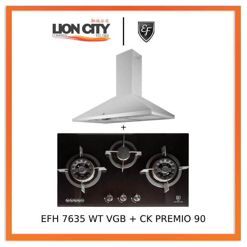 EF CK Premio 90cm Stainless Steel Chimney Hood with EF 78cm Gas Cooktop - 3 Brass Burners (Model EFH 7635 WT VGB) - Perfect for Modern Kitchen Ventilation & Cooking