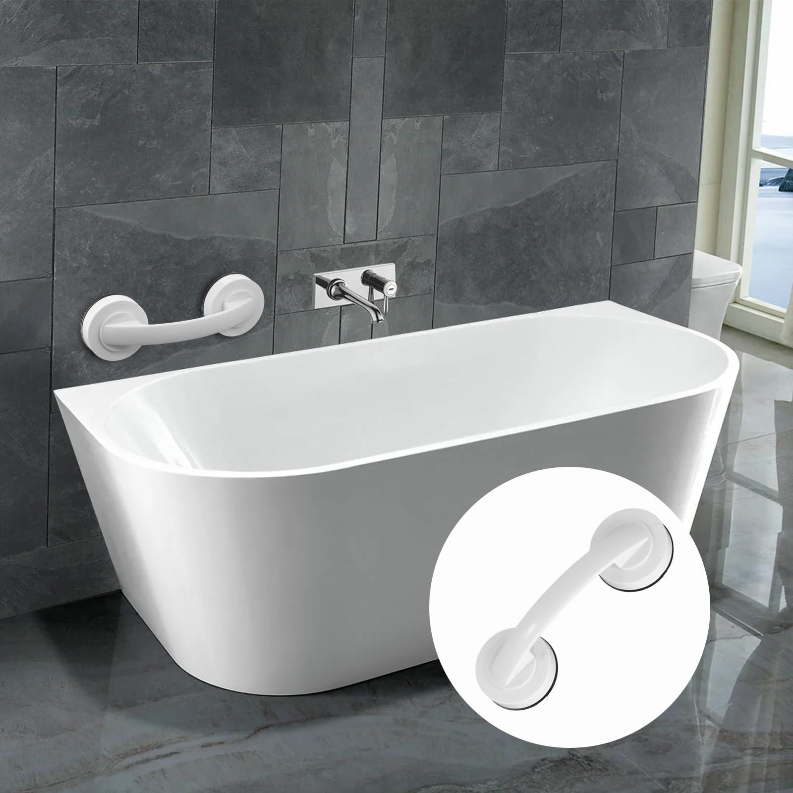 1 Pack Non-Slip Suction Cup Door Handle 19.2 x 6.3cm, No Drill Shower Grab Bar, Portable Bathroom Handle for Elderly & Disabled - Perfect for Shower, Bathtub, Cabinet, Mini Fridge & Kitchen (Silver) - Ideal for Safety, Accessibility & Home Organization