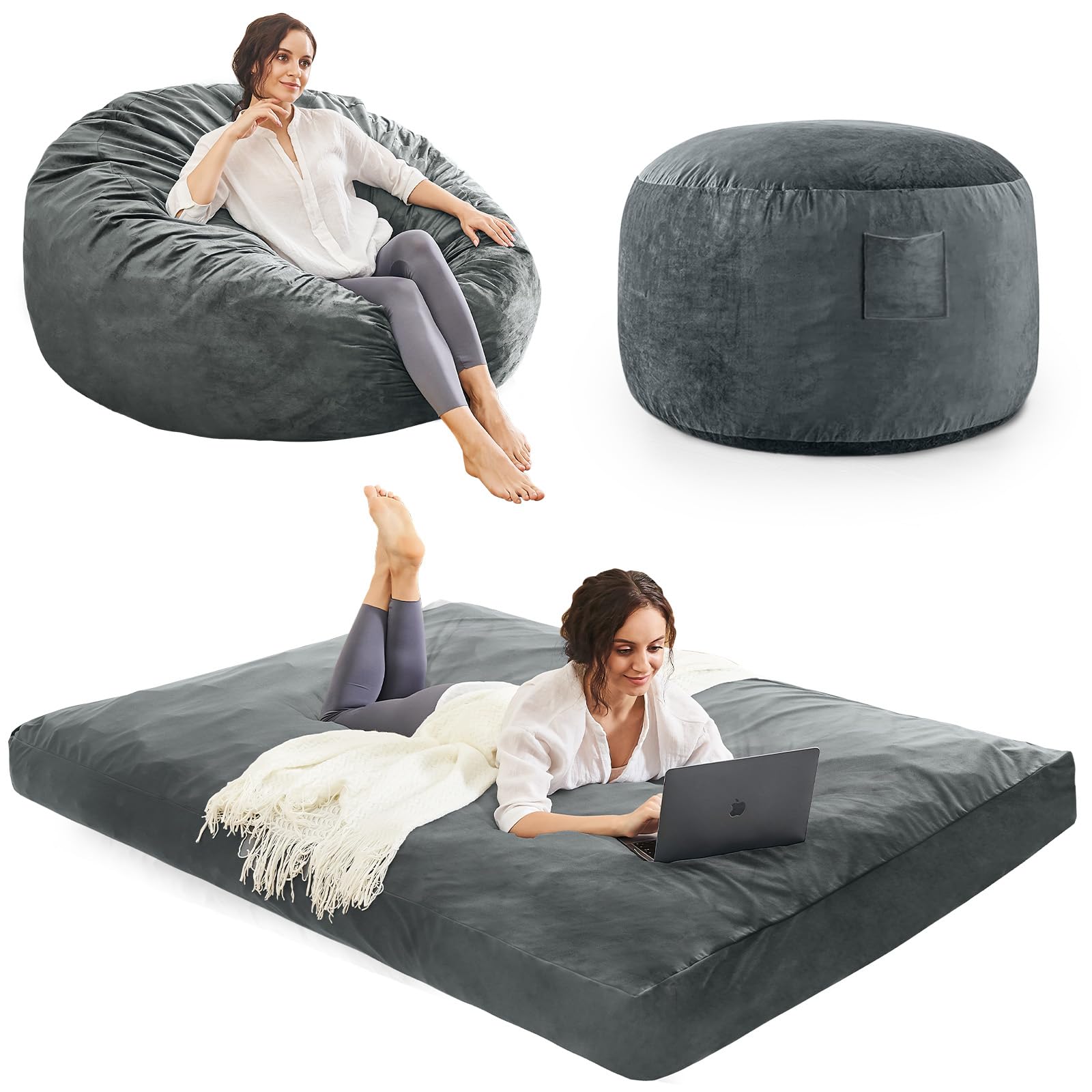Giant Convertible Bean Bag Chair & Bed for Adults - Ultra Soft Microfiber Cover with Premium Furniture Foam Filler - Charcoal Floor Couch Sofa for Bedroom, Dorm Room & Lounge - Perfect for Relaxing, Gaming & Movie Nights