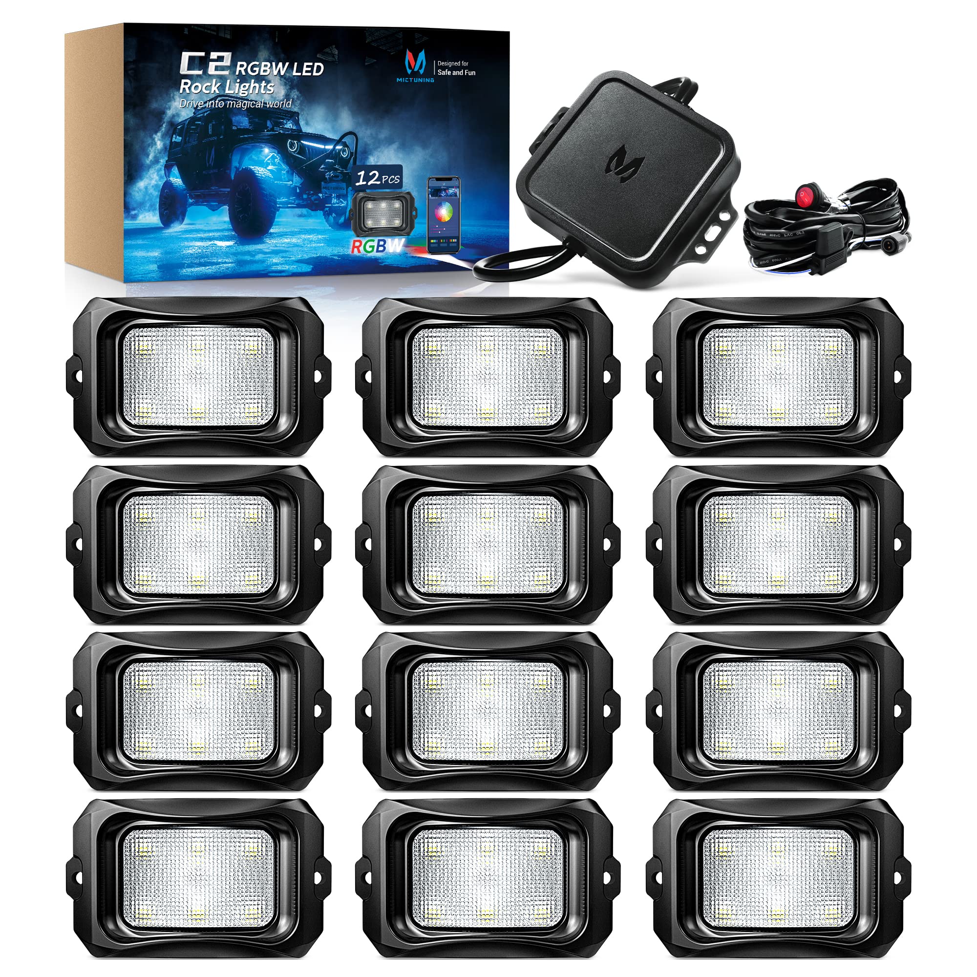 MICTUNING C2 Curved RGBW LED Rock Lights - 12 Pods Underglow Multicolor Neon Lights with Bluetooth APP Control & Wiring Switch Kit for Trucks, Jeeps, Off-Road Vehicles - Perfect for Car Shows, Night Driving & Vehicle Customization