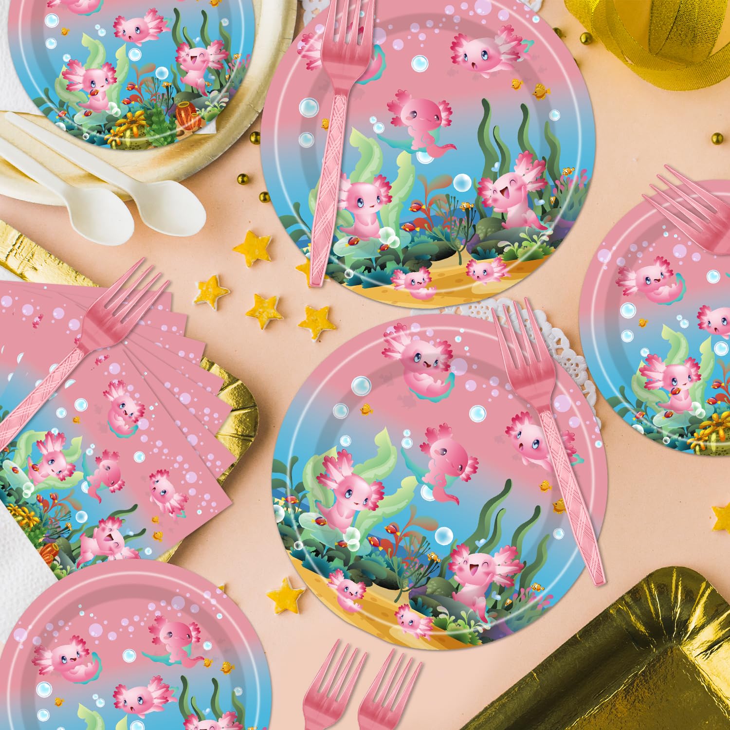 96pcs Pink Axolotl Party Supplies Set - Disposable Plates, Napkins, Forks for Birthday Decorations | Cute Reptile Animal Theme Tableware for Girls | Perfect for 24 Guests Birthday Parties & Baby Showers