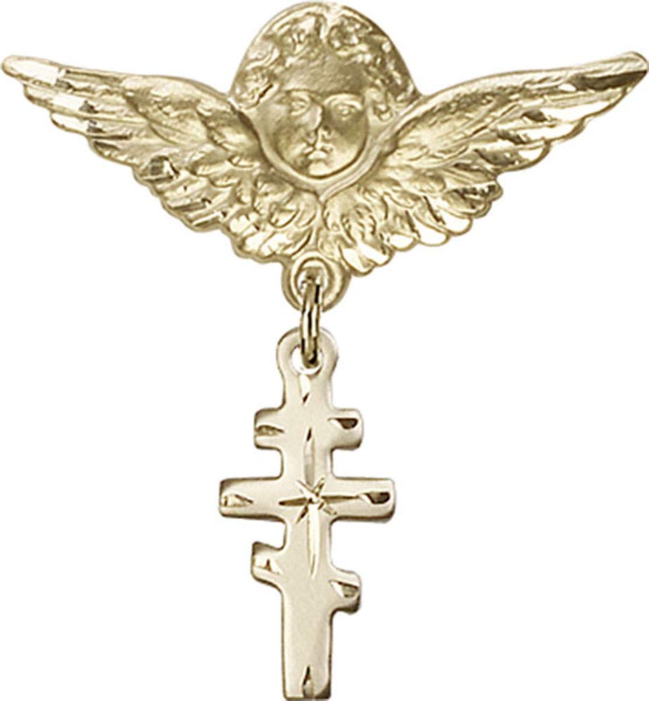 Greek Orthodox Cross & Angel Wing Baby Badge Pin - 14K Gold Filled Religious Jewelry for Christening, Baptism & Baby Shower Gifts - Handmade in USA