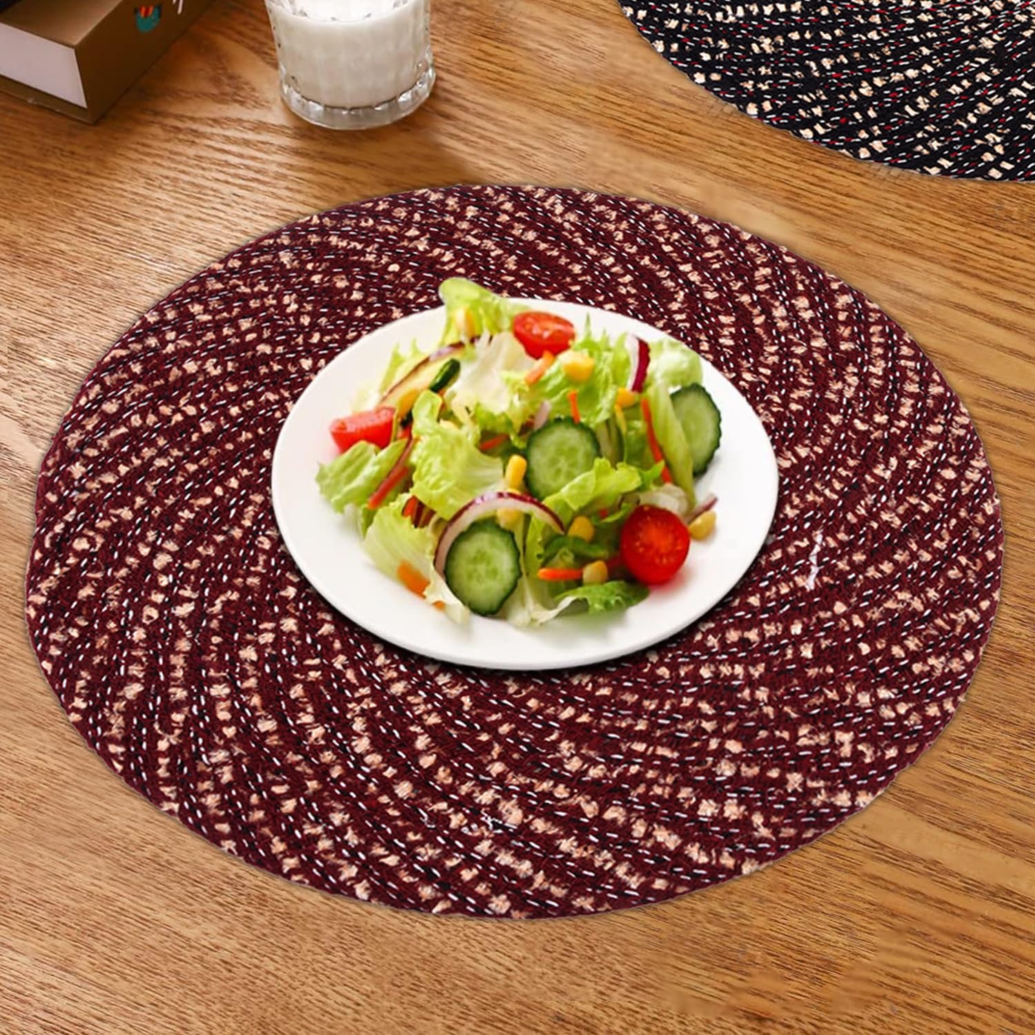 Kuber Industries 16 Inch Round Cotton Feather Table Mat - Reversible Dining & Bedside Center Table Mat for Home Decor, Small Maroon - Perfect for Coffee Tables, Nightstands, and Dining Areas