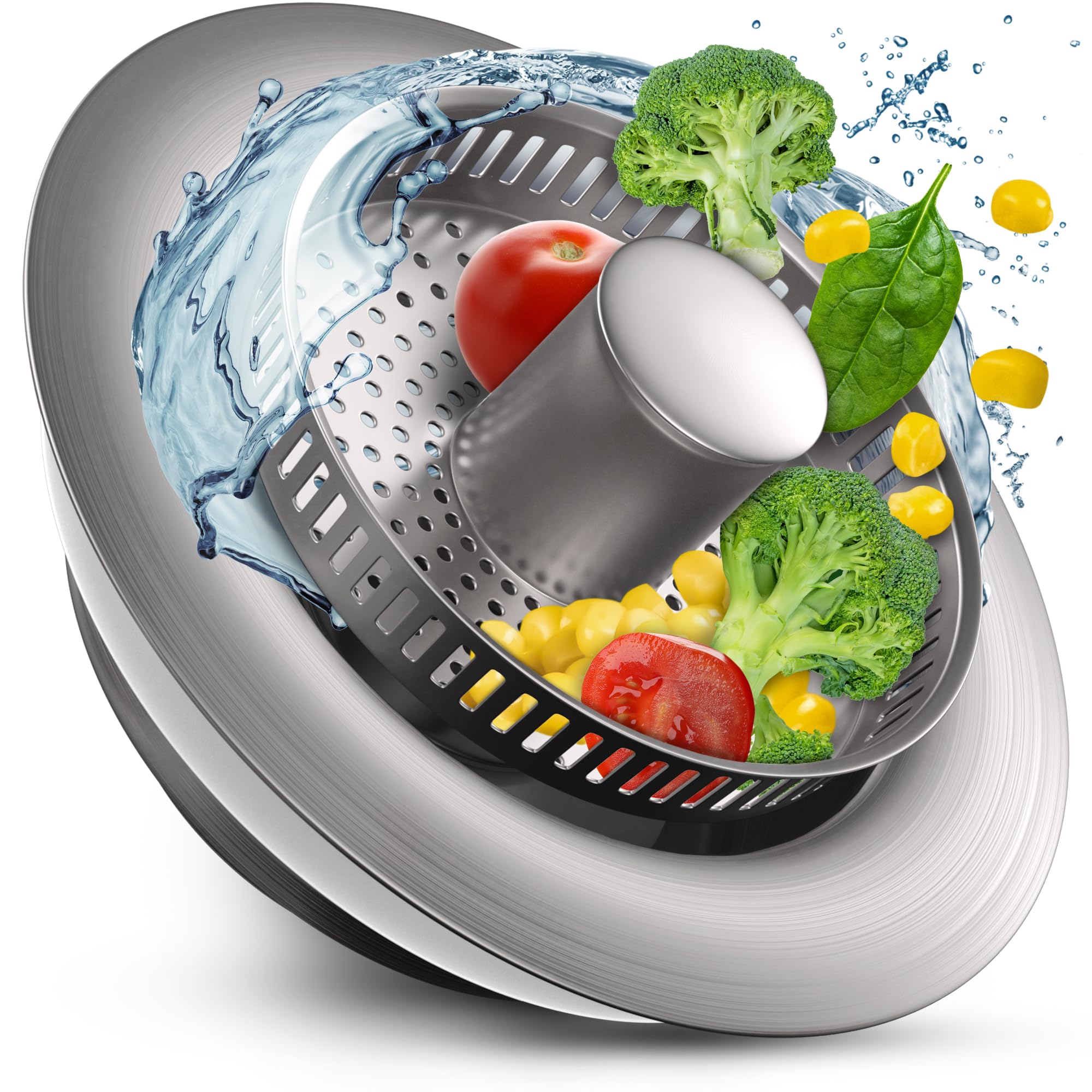 3-in-1 Kitchen Sink Drain Strainer with Leak-Proof Seal - Durable Stainless Steel Sink Stopper for Easy Installation & Cleaning - Perfect for Washing Dishes, Fruits & Vegetables in Standard Kitchen Sinks